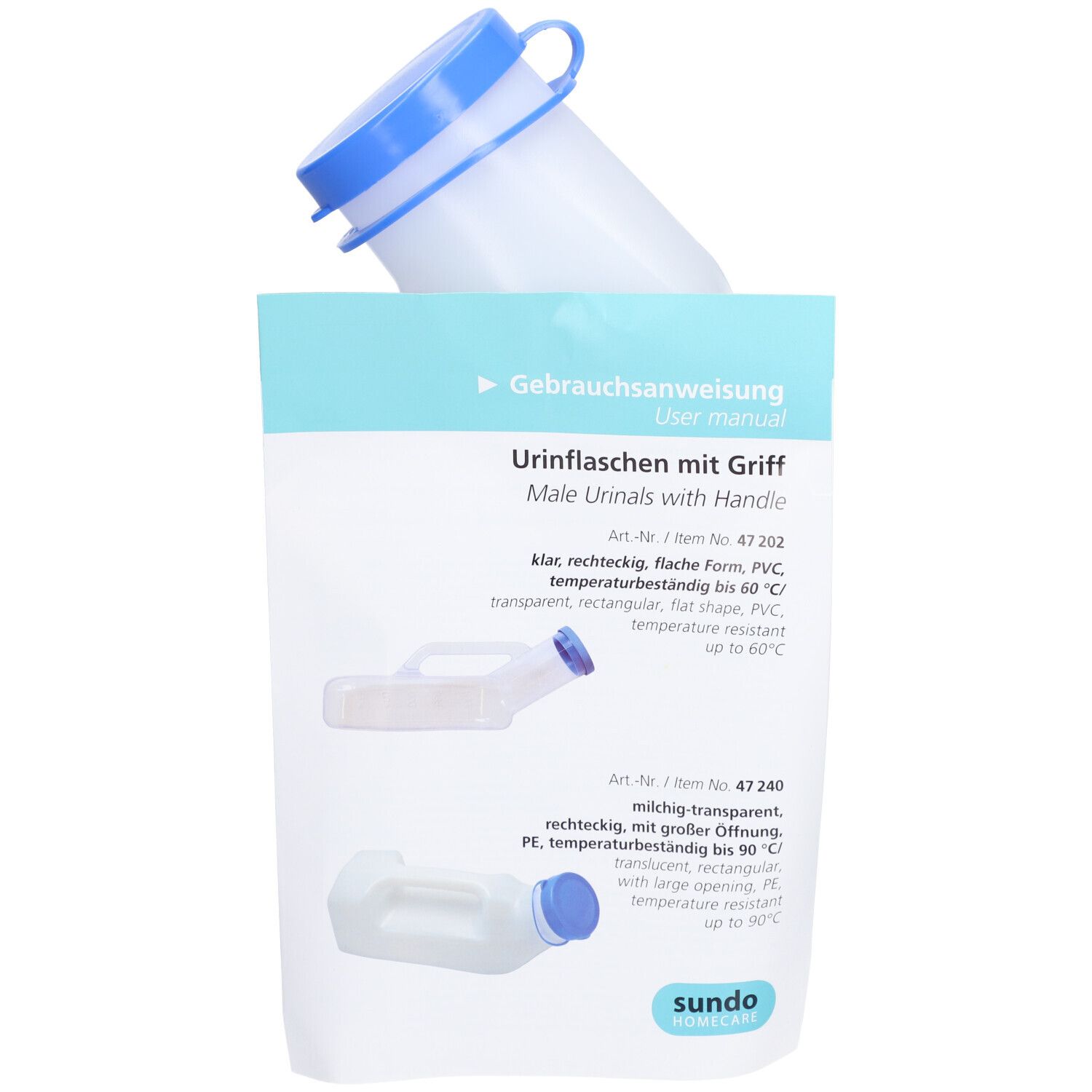 Urinflasche mit Deckel und Griff, vor weißem Hintergrund. Verpackung mit Produktabbildungen und Text.