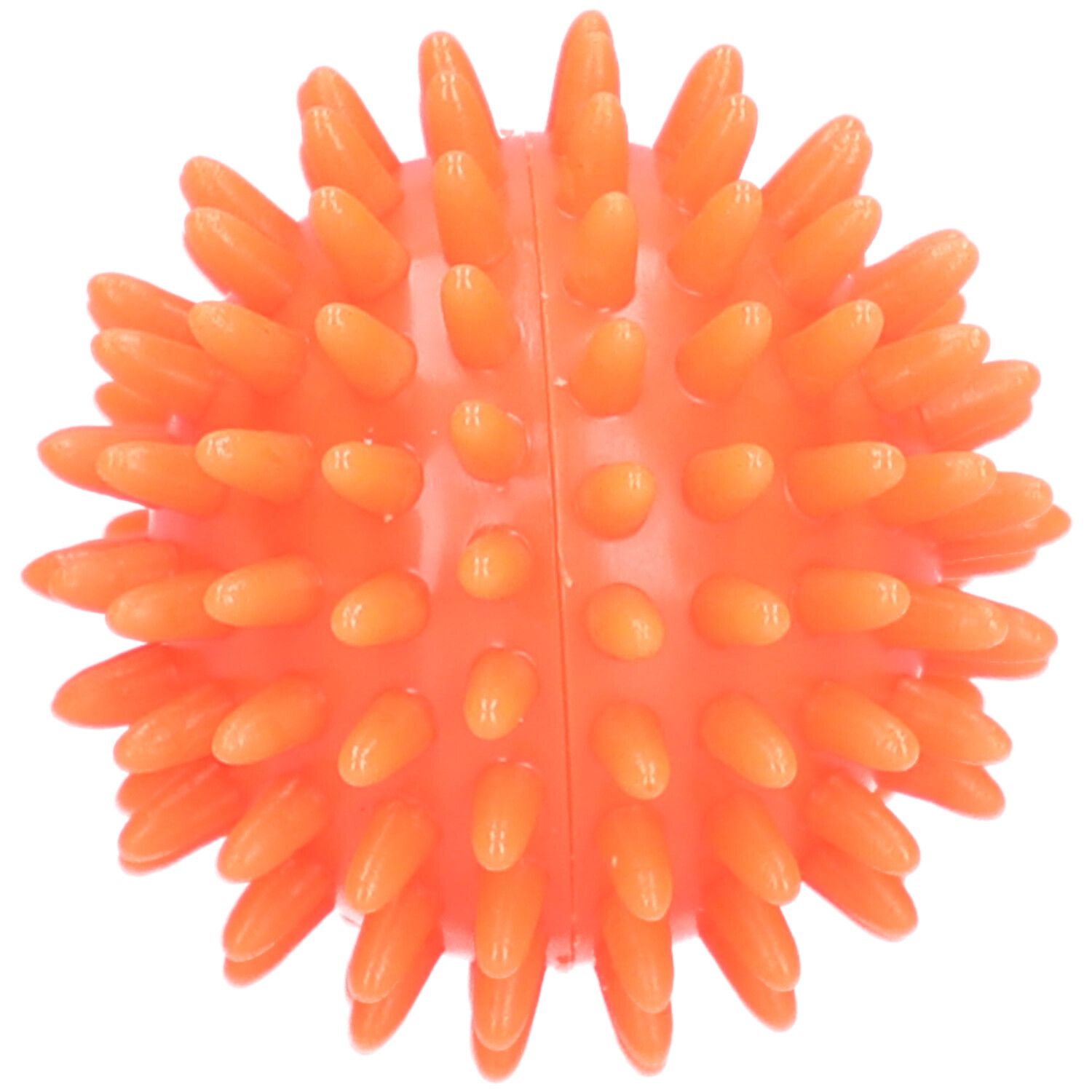 Orange Massageball mit Noppen. Kugelform, Durchmesser ca. 6 cm. Oberfl",che mit zahlreichen konischen Erhebungen.