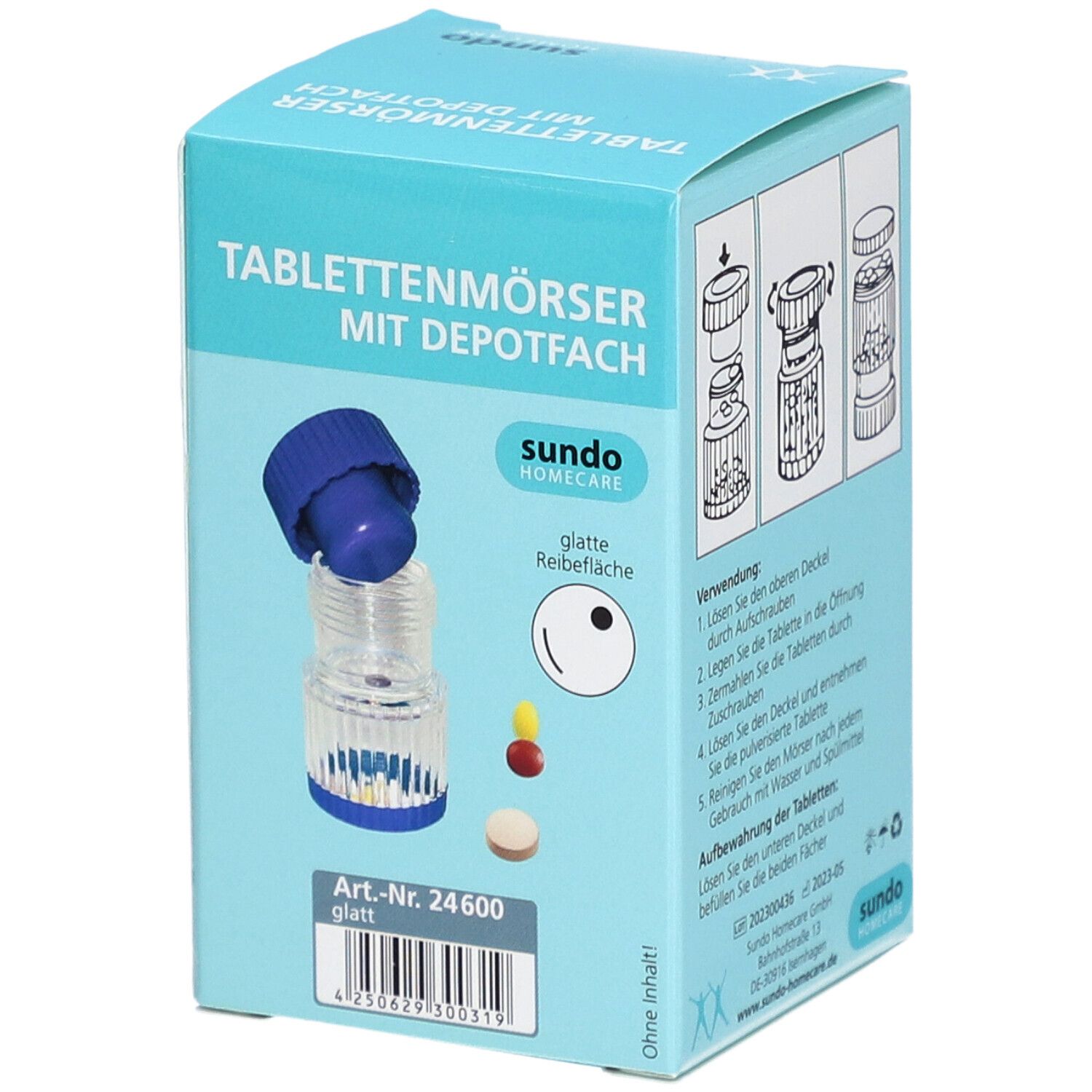 Verpackung eines Tablettenmörsers mit Depotfach. Blau-transparenter Mörser mit blauem Deckel. Aufdruck: "sundo home care".