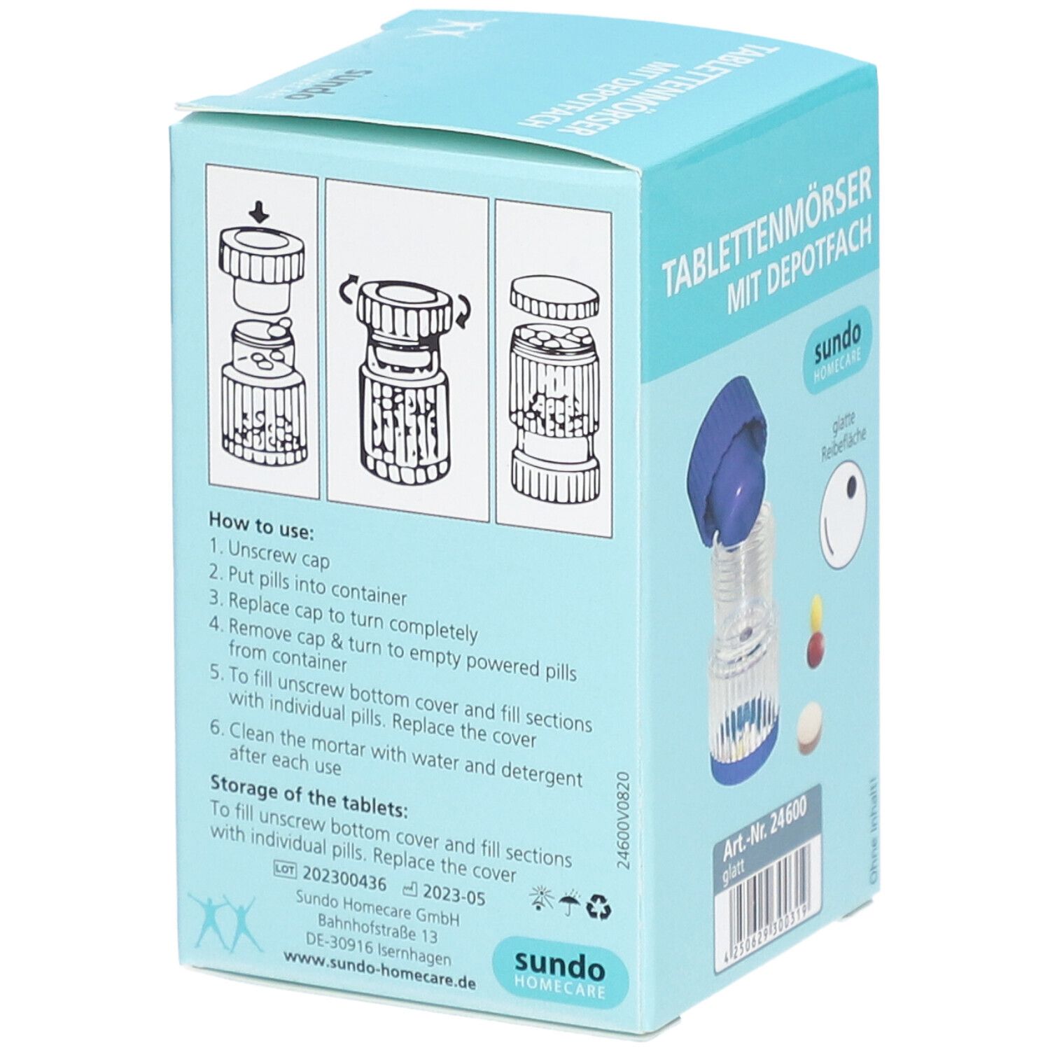 Rückseite der Verpackung eines Tablettenmörsers. Illustrationen zur Anwendung. Text: "sundo home care", "Tablettenmörser mit Depotfach".