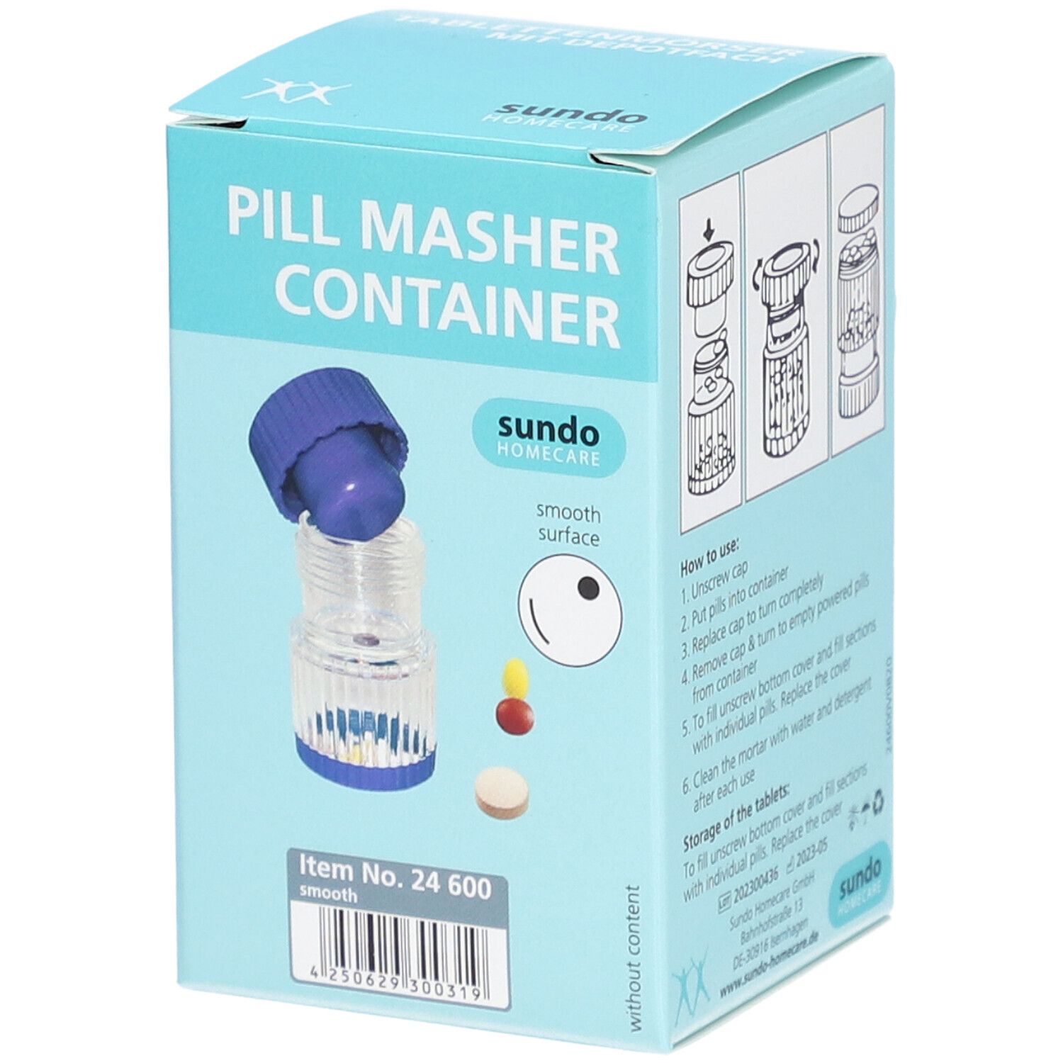 Verpackung eines Pillenmörsers mit Depotfach. Blau-transparenter Mörser mit blauem Deckel. Aufdruck: "sundo home care".