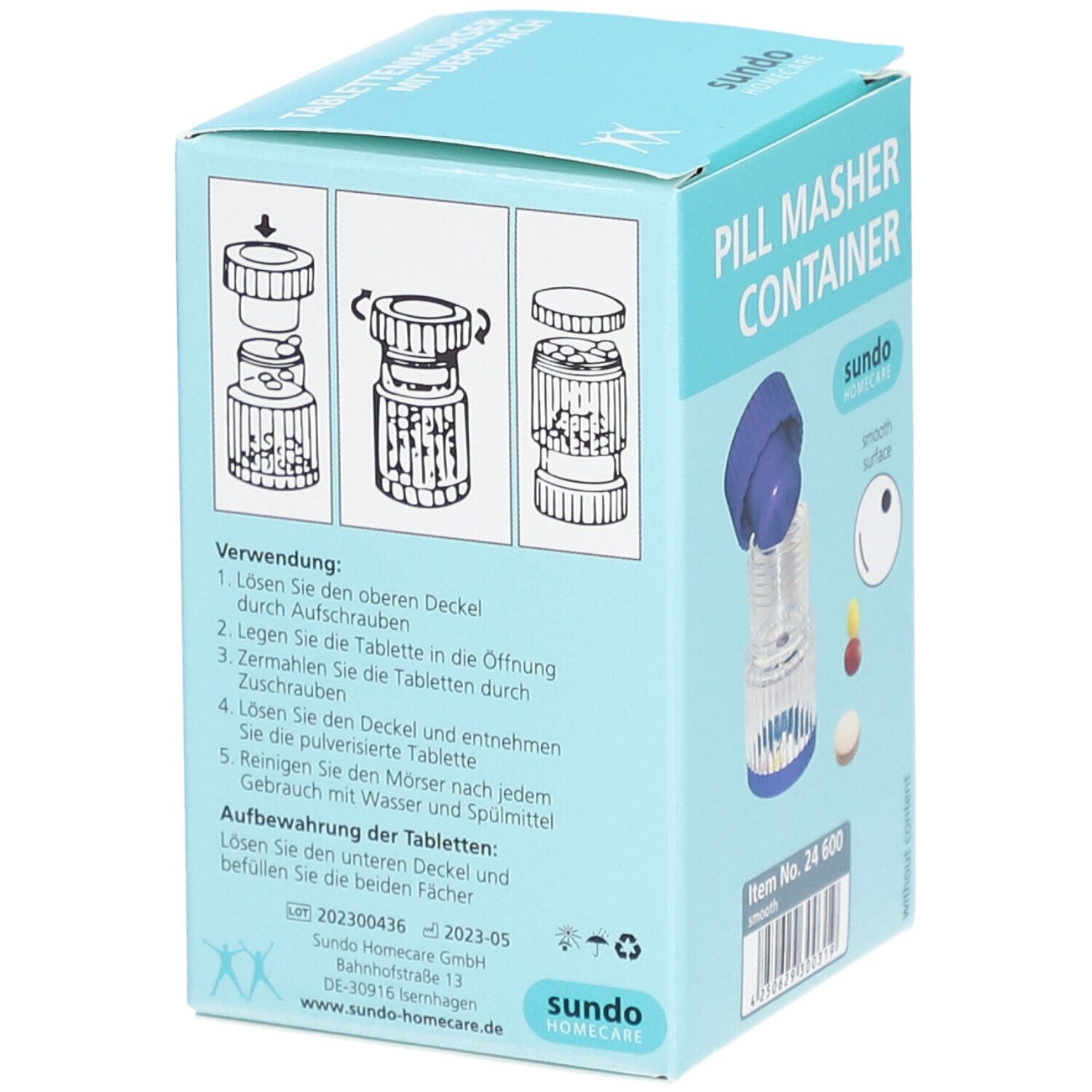 Rückseite der Verpackung eines Pillenmörsers. Illustrationen zur Anwendung. Text: "sundo home care", "Pillenmörser Container".