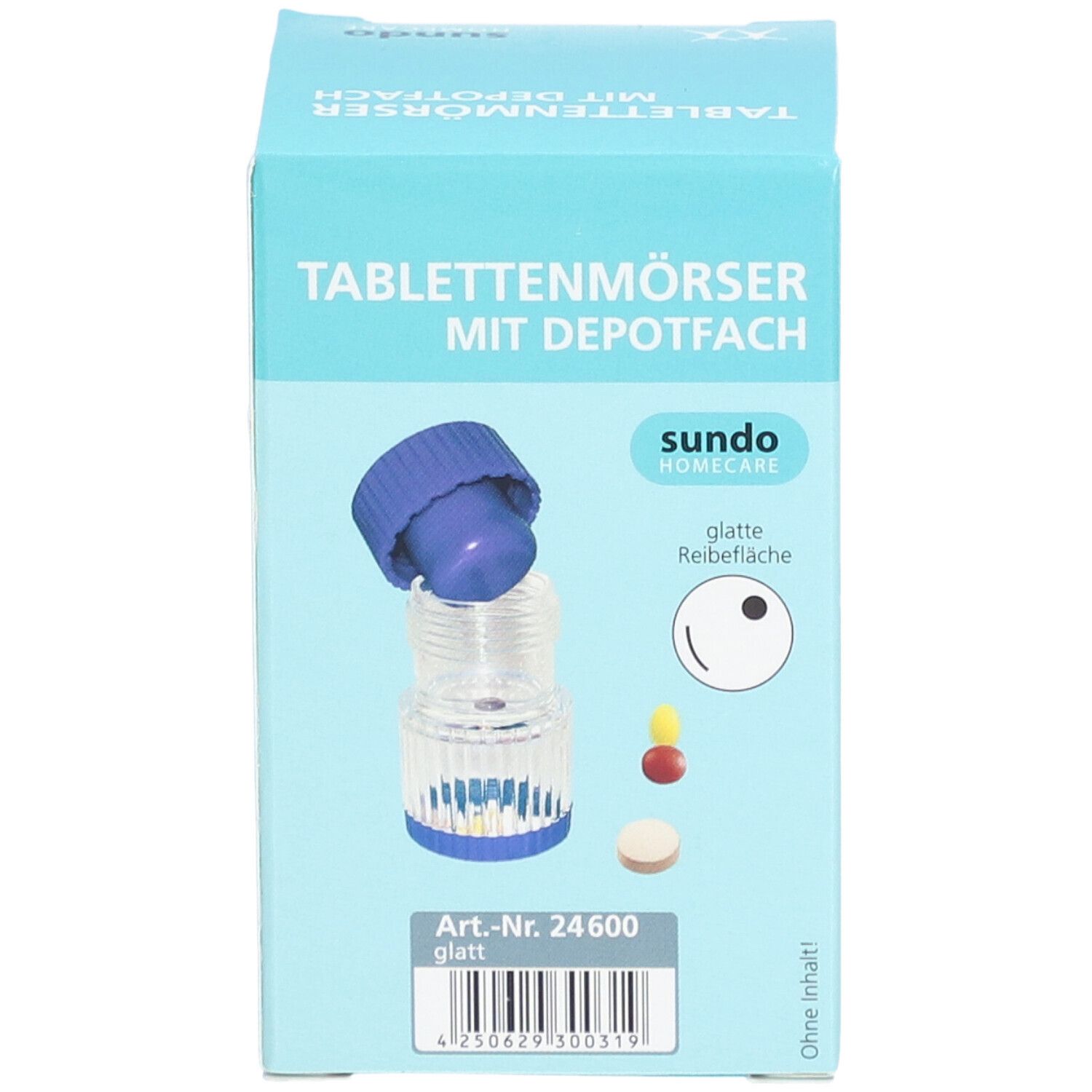 Verpackung eines Tablettenmörsers mit Depotfach. Blau-transparenter Mörser mit blauem Deckel. Aufdruck: "sundo home care".