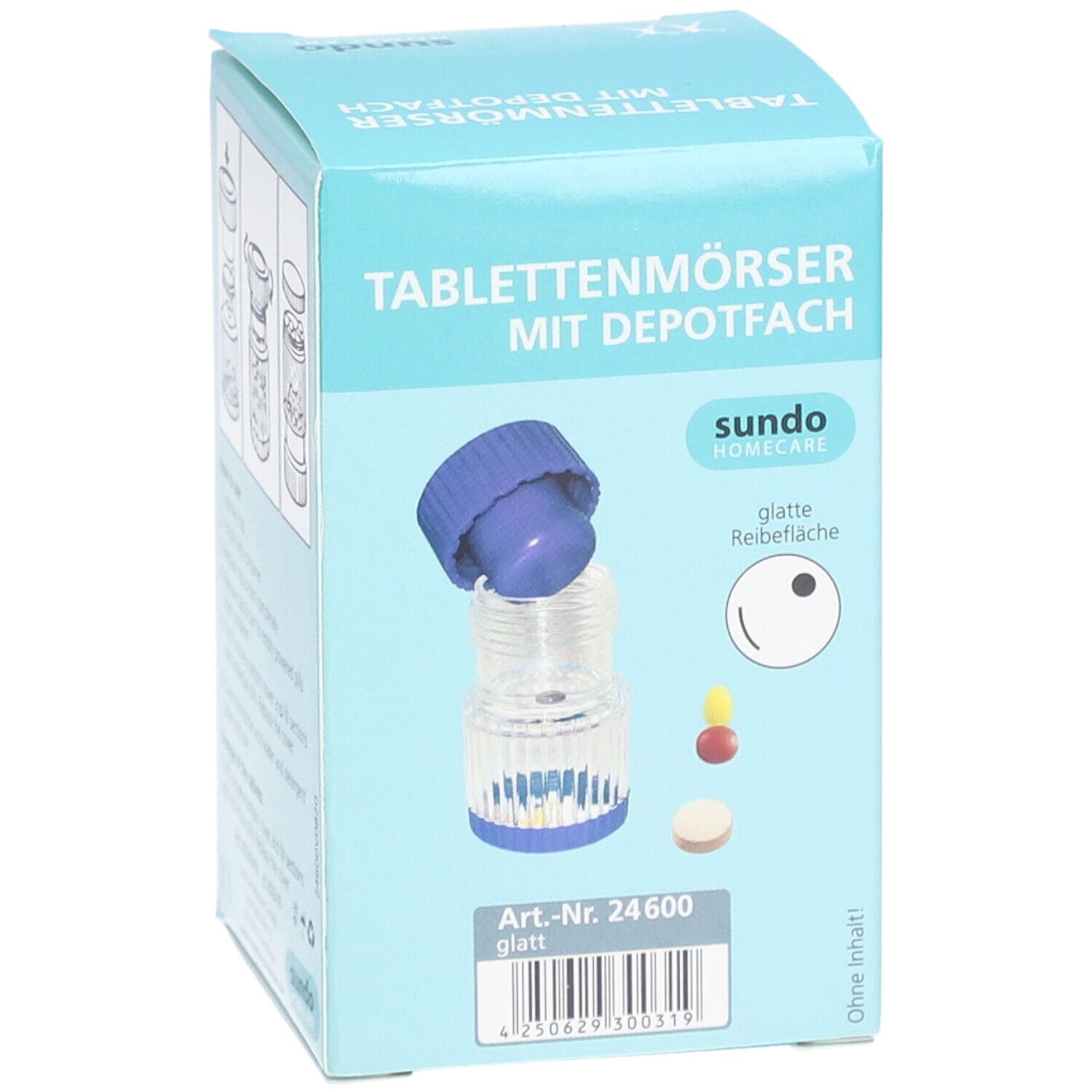 Verpackung eines Tablettenmörsers mit Depotfach. Blau-transparenter Mörser mit blauem Deckel. Aufdruck: "sundo home care".