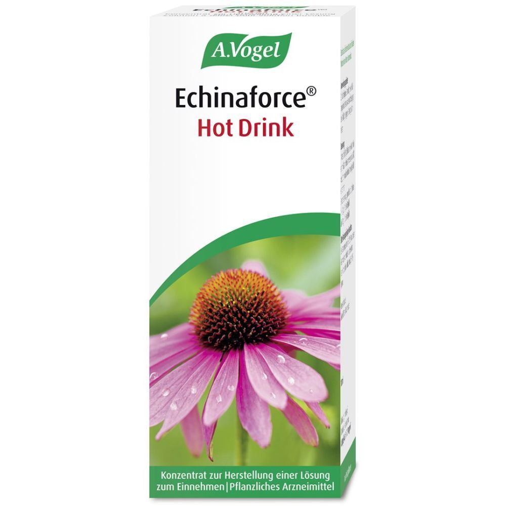 Verpackung mit Produktnamen und Logo. Grün-weiße Schachtel mit Text: Echinaforce Hot Drink. Abbildung einer Blüte.
