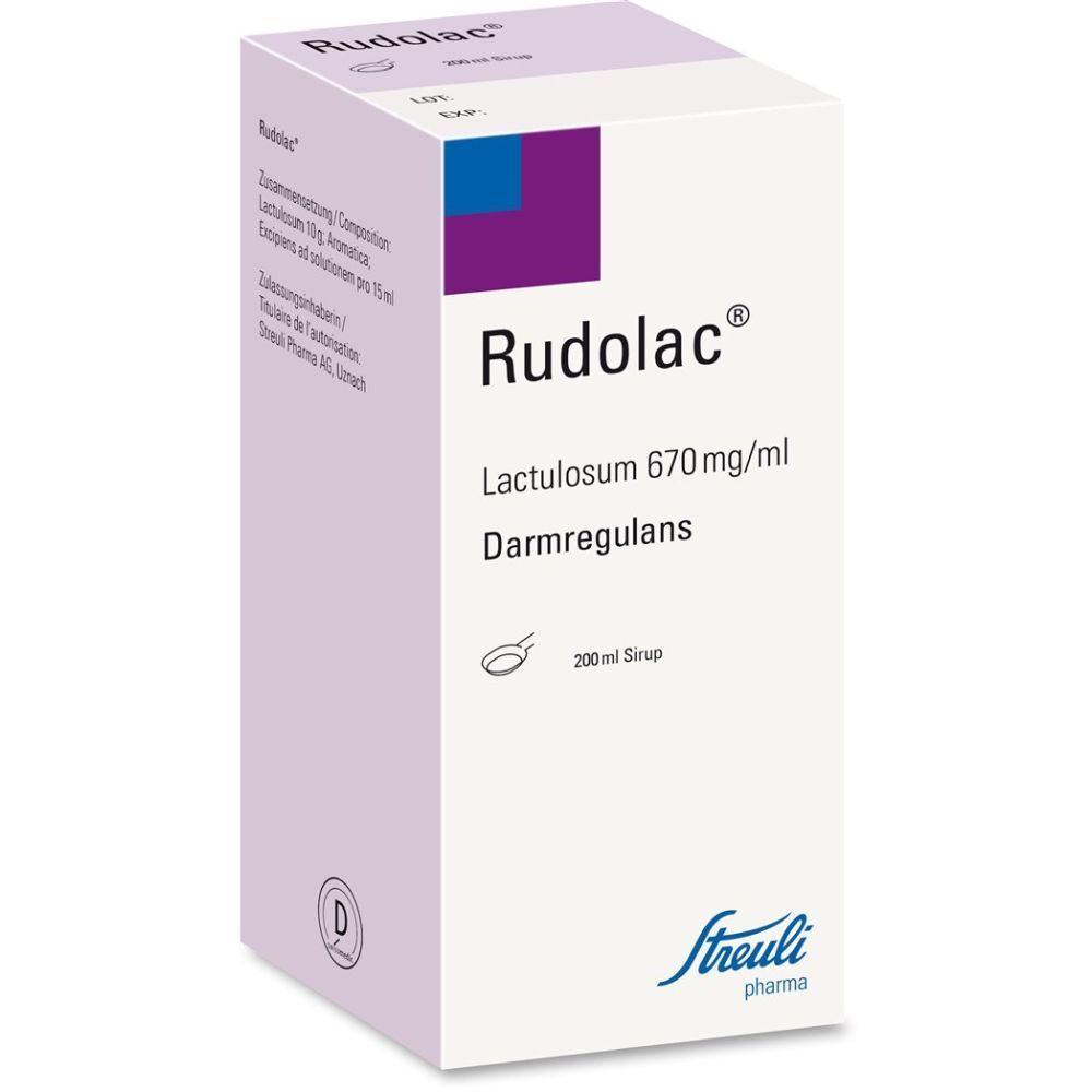 Karton von Rudolac Sirup. Aufschrift: Lactulosum 670mg/ml, Darmreguans, 200ml Sirup. Logo und Schriftzug Streuli Pharma.