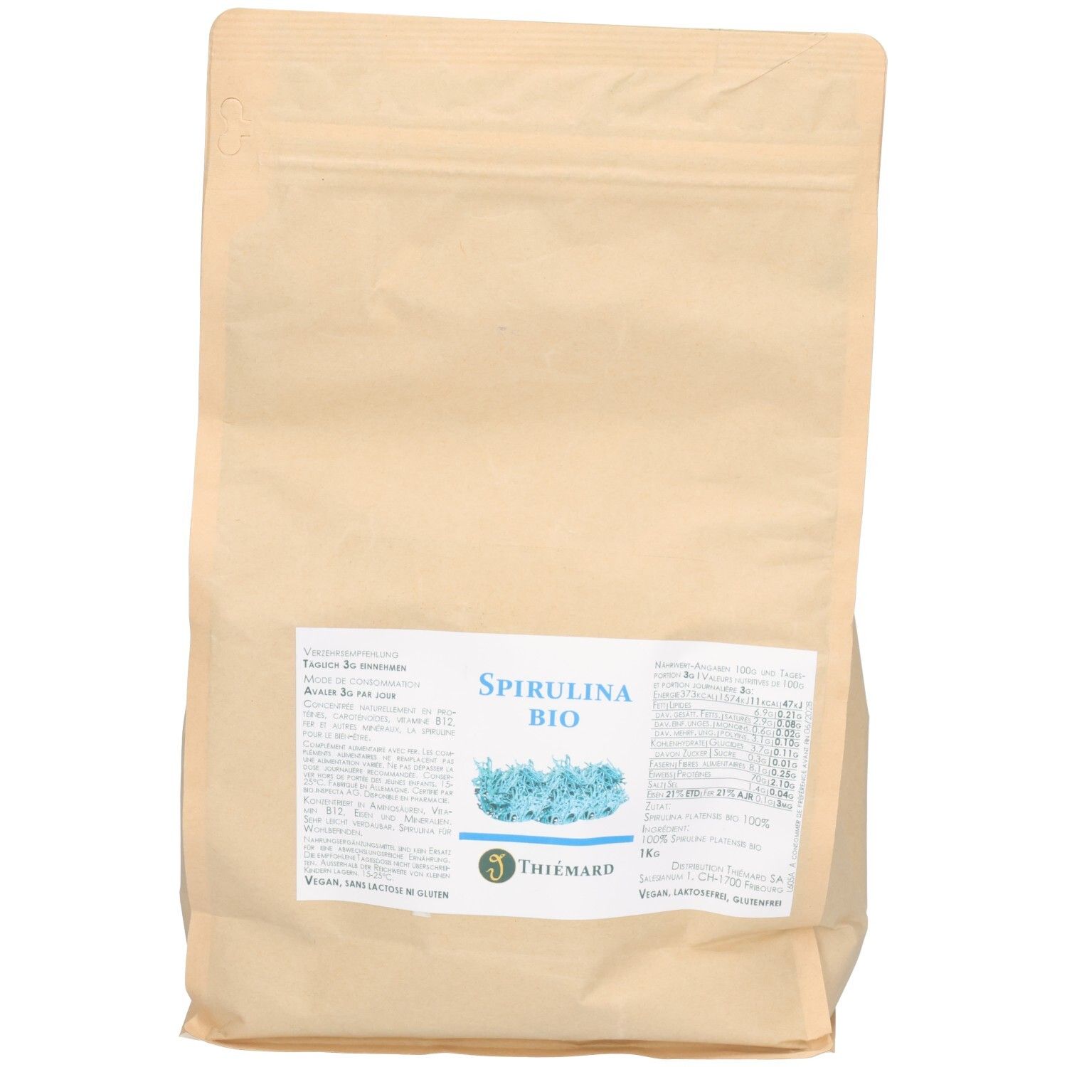 Beutel mit THIEMARD Spirulina Pulver Bio, 1 kg. Etikett mit Produktinformationen und Bio-Siegel.