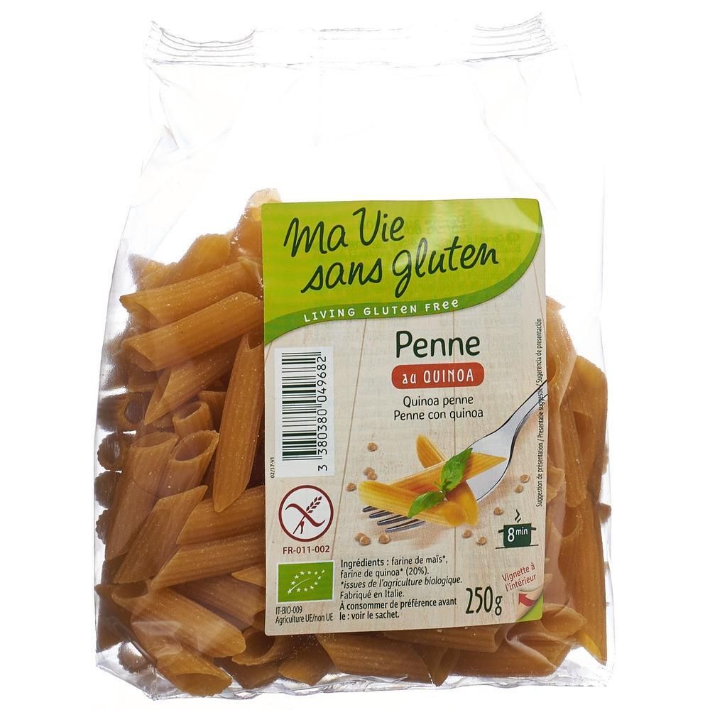 Pâtes penne dans un emballage transparent. Étiquette avec nom du produit, sans gluten, ingrédients et label bio. 250g.