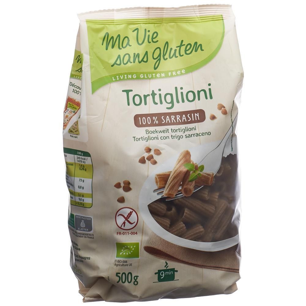 Paquet de tortiglioni 100% sarrasin, sans gluten. 500g. Certification bio. Temps de cuisson 9 minutes.