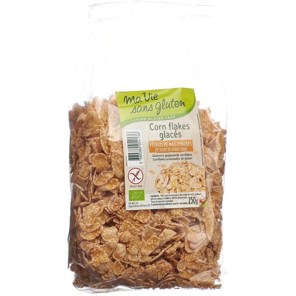 Sachet transparent de Corn flakes glacés. Inscription: Ma Vie sans gluten, sans gluten, label bio, 250g.