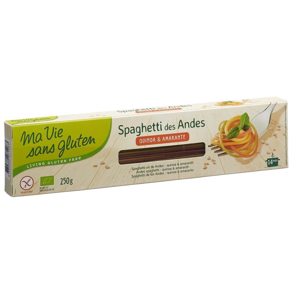 Paquet de Spaghetti des Andes. Inscription: Ma Vie sans gluten, Spaghetti des Andes Quinoa & Amarante, 250g.