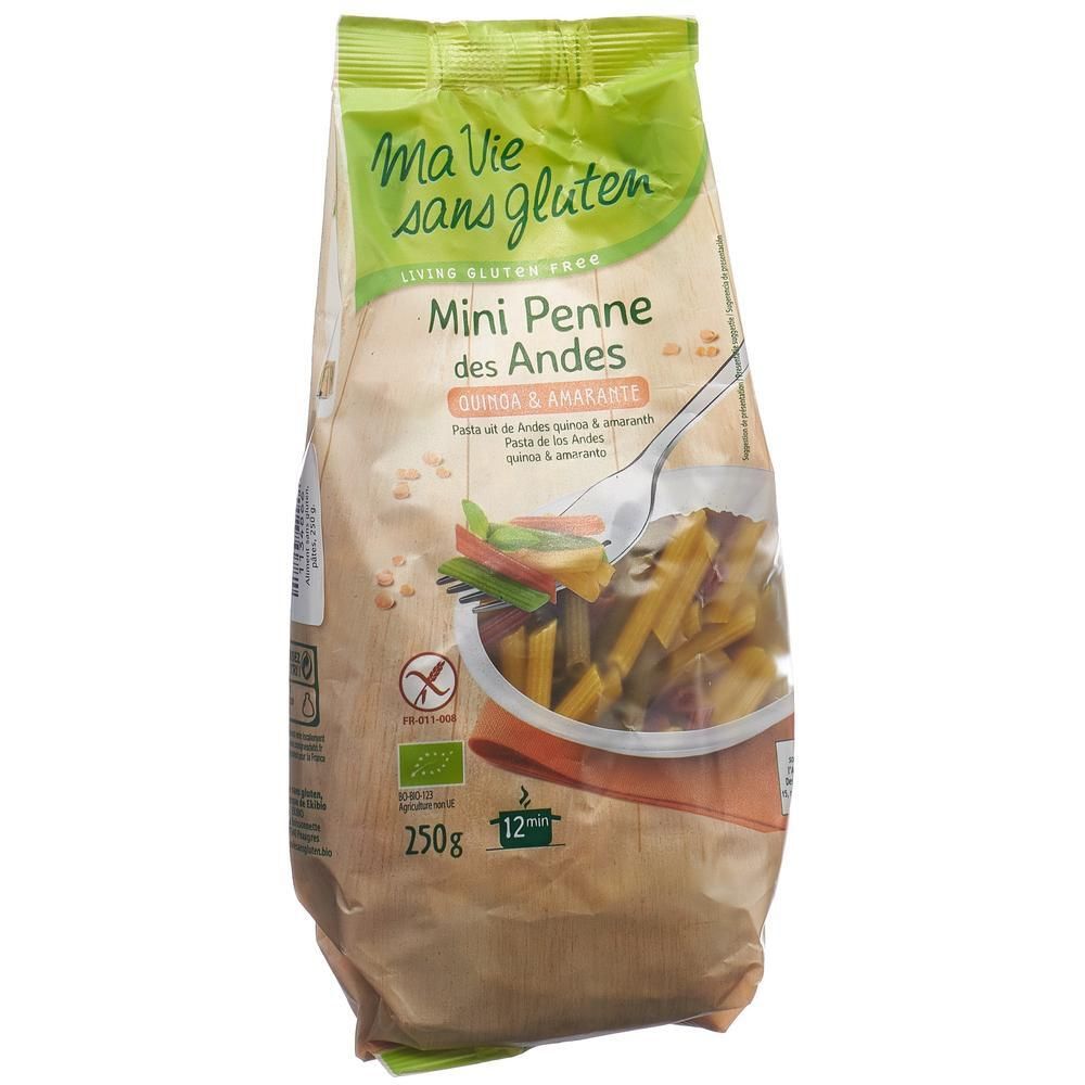 Paquet de Mini Penne des Andes tricolores. Marque Ma Vie sans gluten. Sans gluten. 250g. Label bio. Illustration de pâtes.
