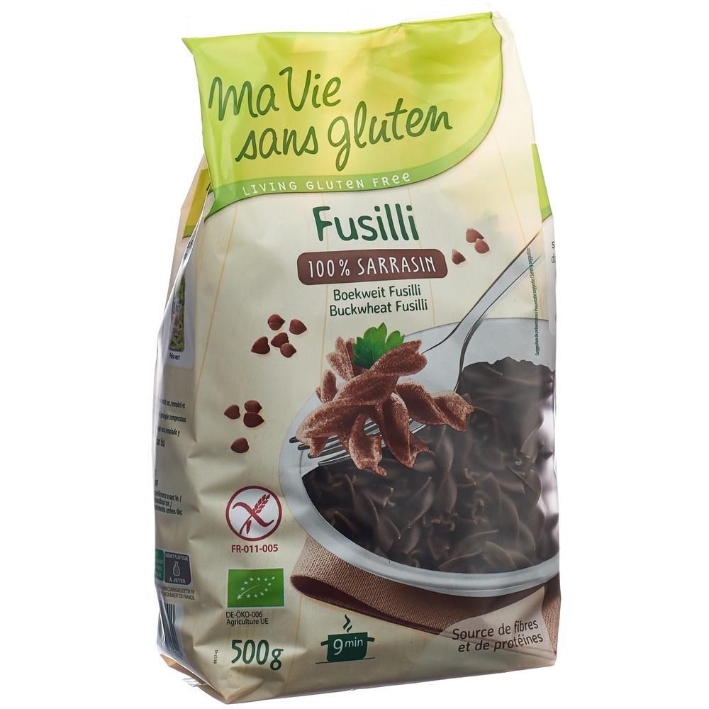 Paquet de fusilli 100% sarrasin, sans gluten. Contient 500g. Marque: Ma Vie sans gluten.