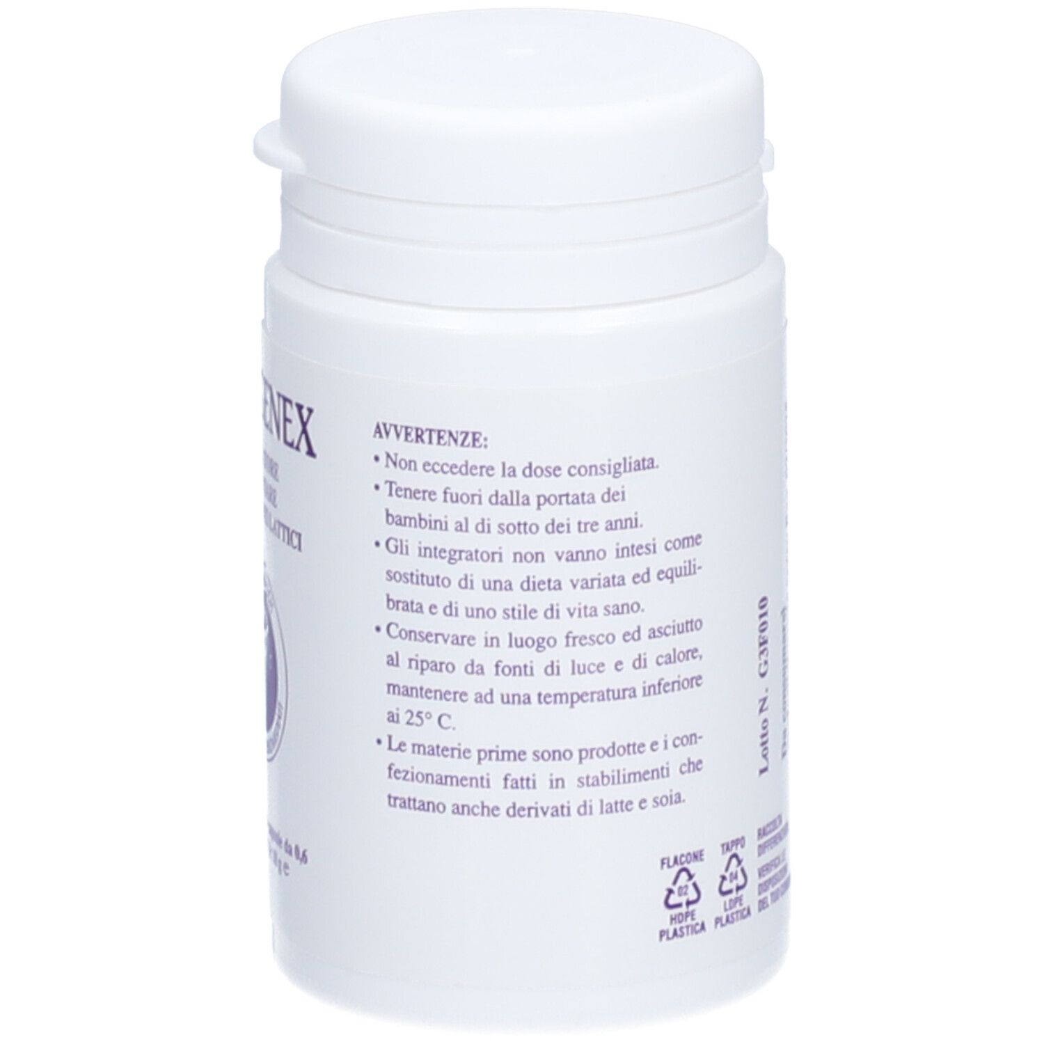 Dos du flacon blanc. Avertissements en italien. Symboles de recyclage.