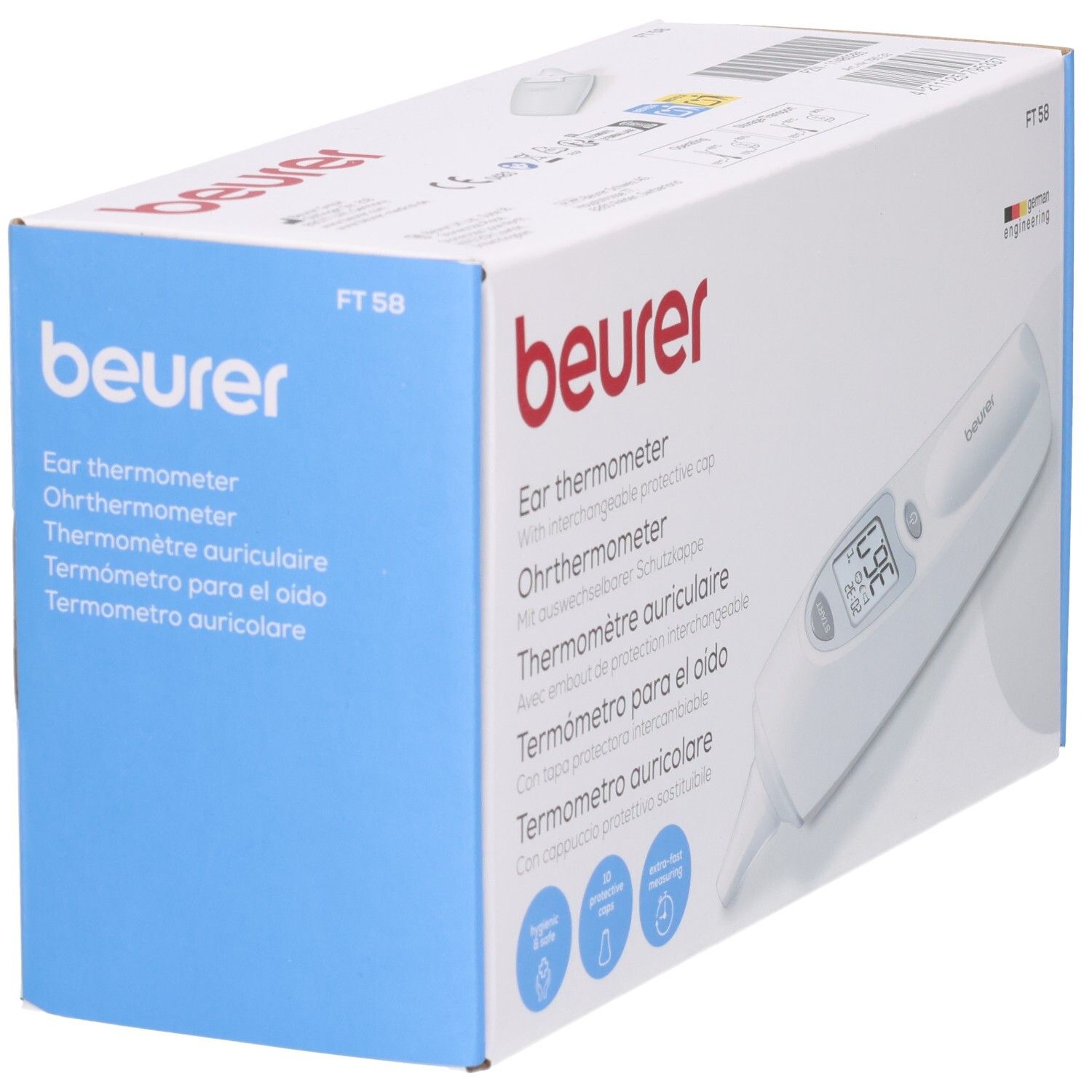 Beurer FT 58 Ohrthermometer-Verpackung mit Abbildung des Geräts und Produktmerkmalen.