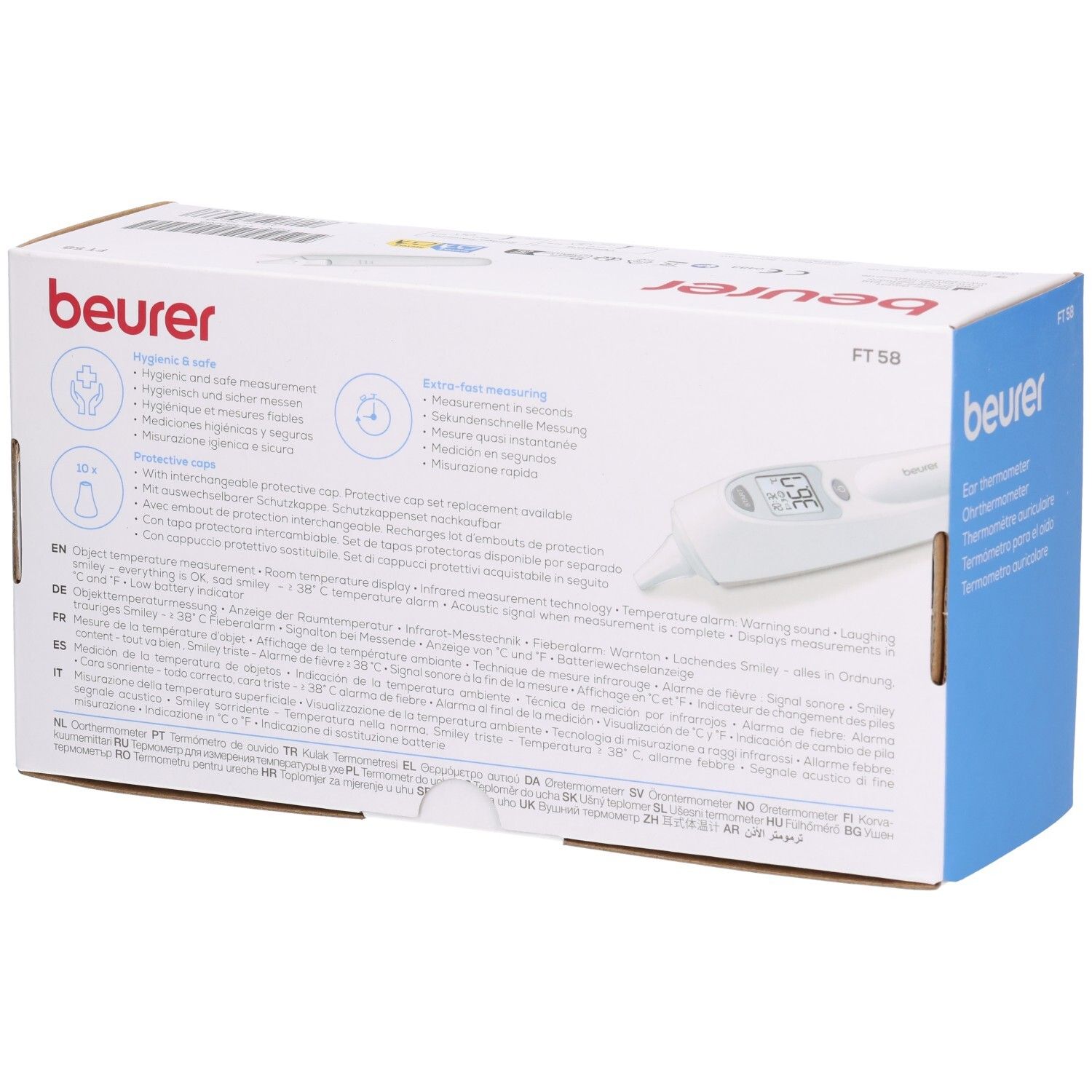 Beurer FT 58 Ohrthermometer-Verpackung mit Abbildung des Geräts und Produktmerkmalen.