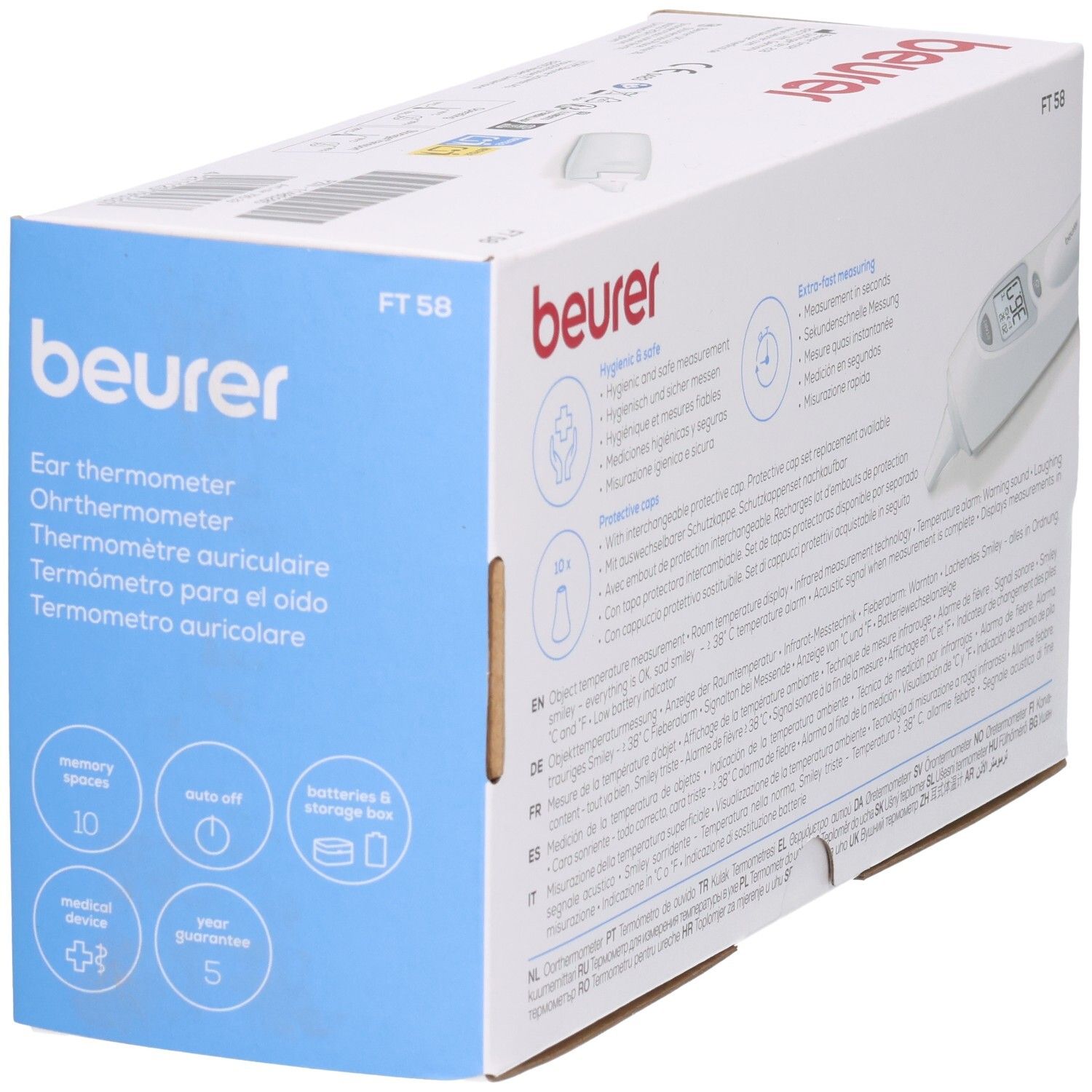 Beurer FT 58 Ohrthermometer-Verpackung mit Abbildung des Geräts und Produktmerkmalen.