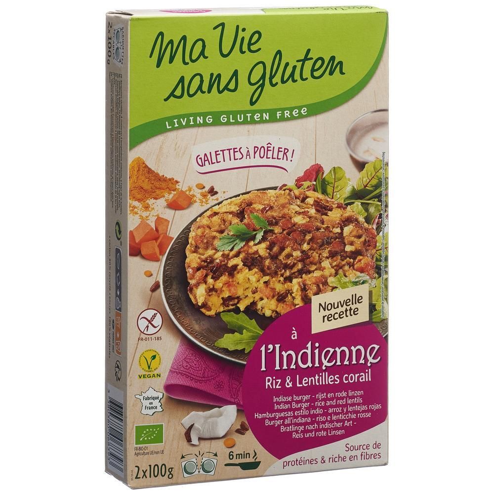 Boîte MA VIE S GLUT Bratlinge Reis-Rote Linsen. Vert et blanc, image du produit. Vegan, sans gluten.