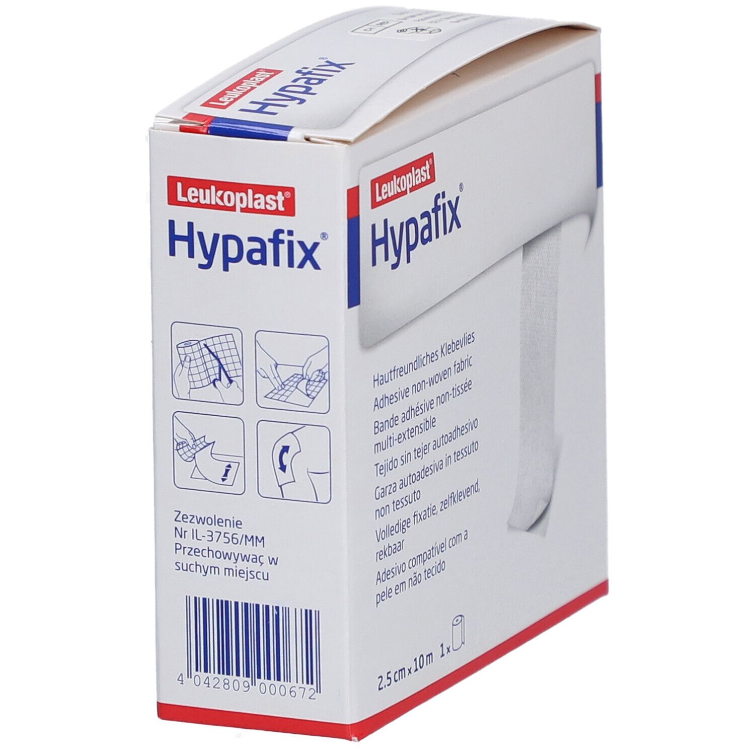 Karton von Hypafix. Aufschrift: Hypafix, 2,5 cm x 10 m. Illustrationen zur Anwendung. Seitenansicht.