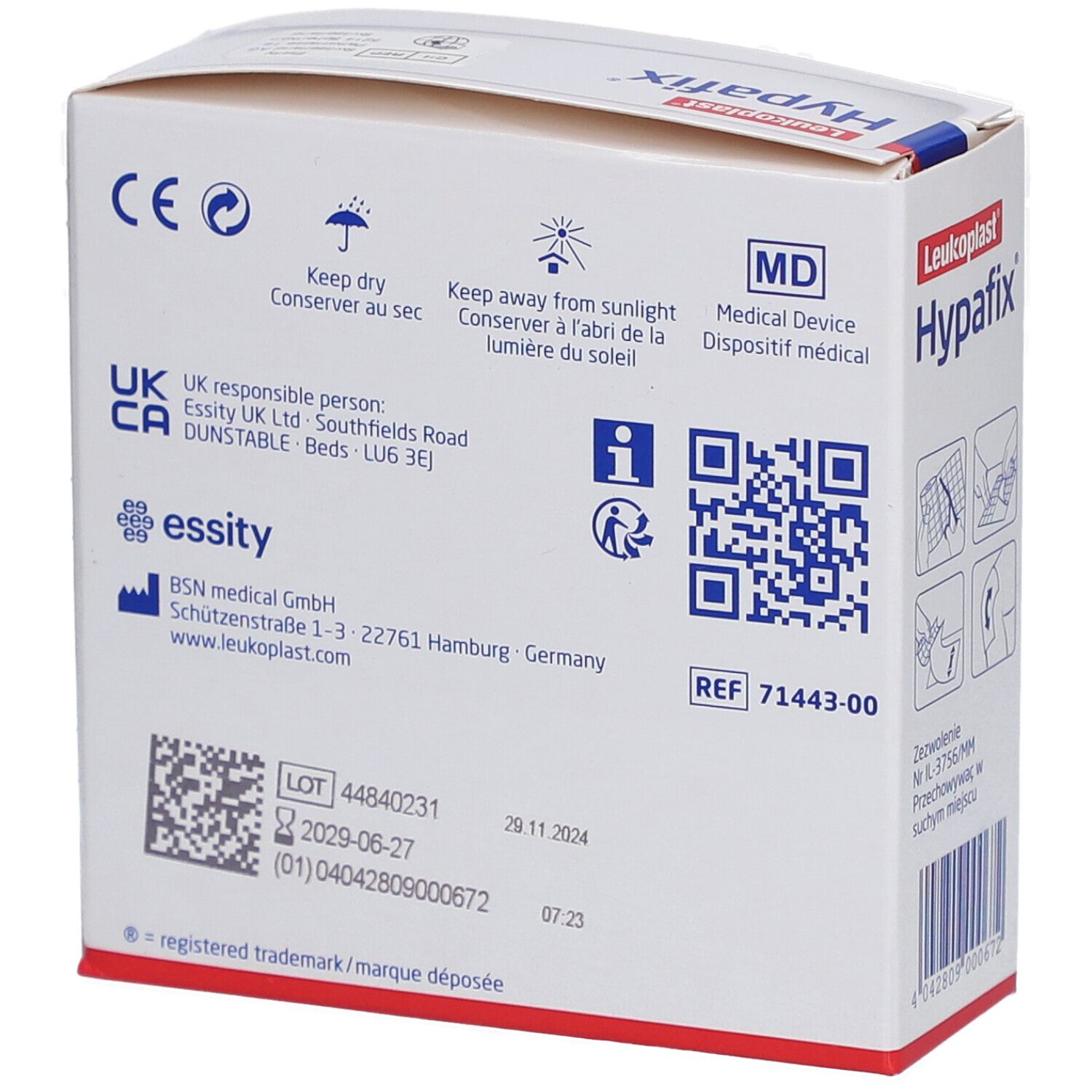 Rückseite der Hypafix-Verpackung. Informationen: CE-Kennzeichnung, Herstelleradresse, Chargennummer, Verfallsdatum.