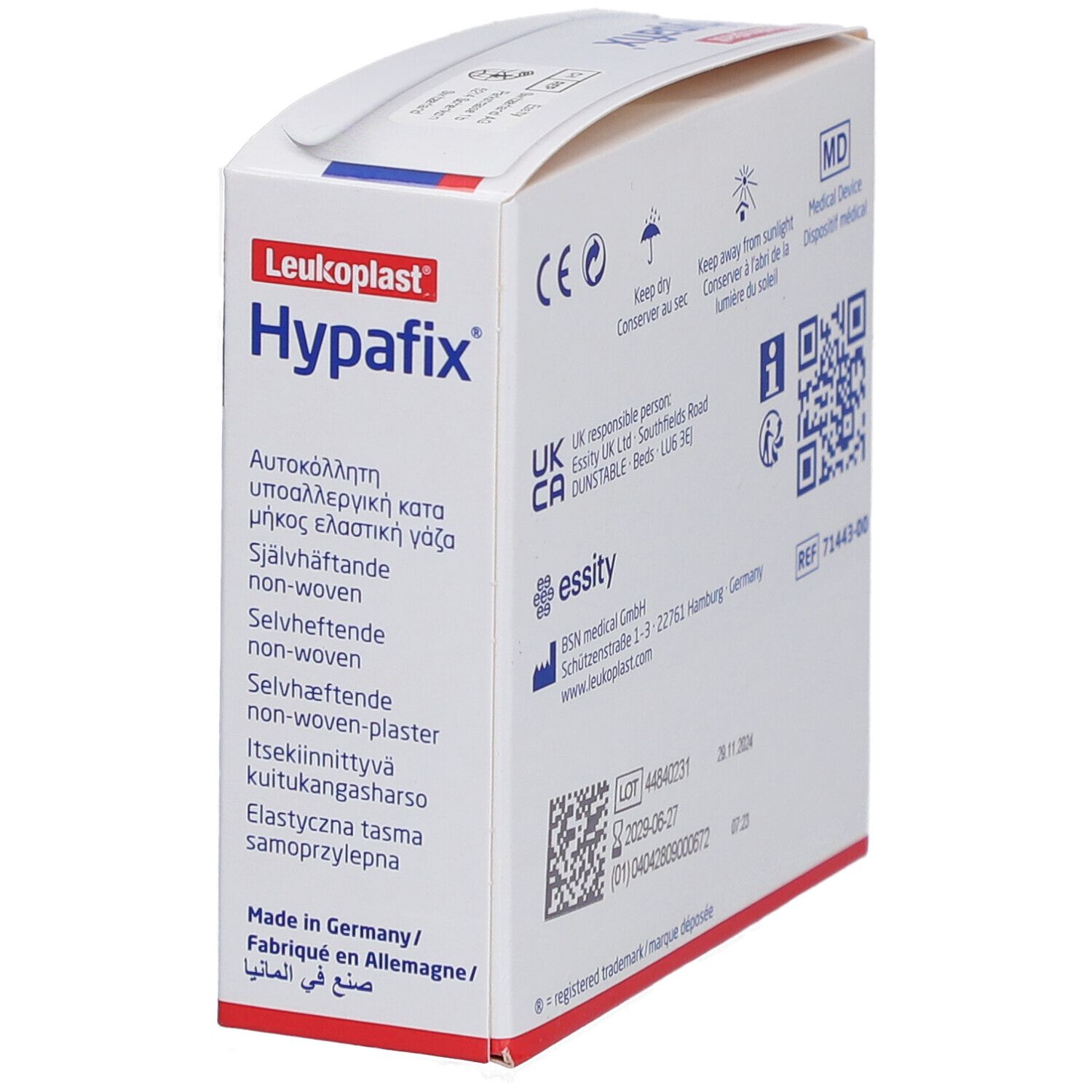 Seitenansicht der Hypafix-Verpackung. Informationen: CE-Kennzeichnung, Herstelleradresse, Chargennummer, Verfallsdatum.