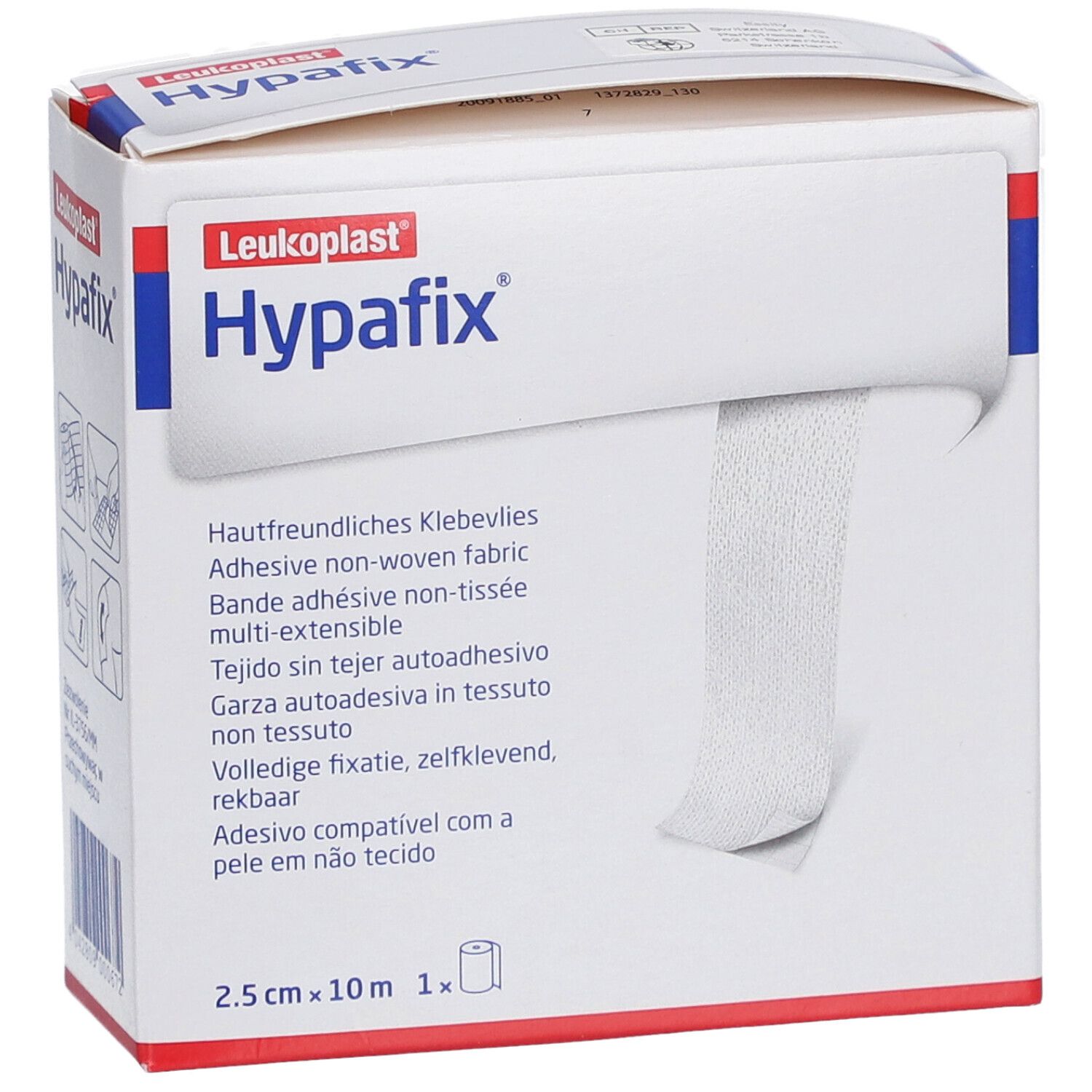 Karton mit Hypafix Klebevlies. Aufschrift: 2,5 cm x 10 m. Weißes, nicht gewebtes Material wird aus der Verpackung gezogen.