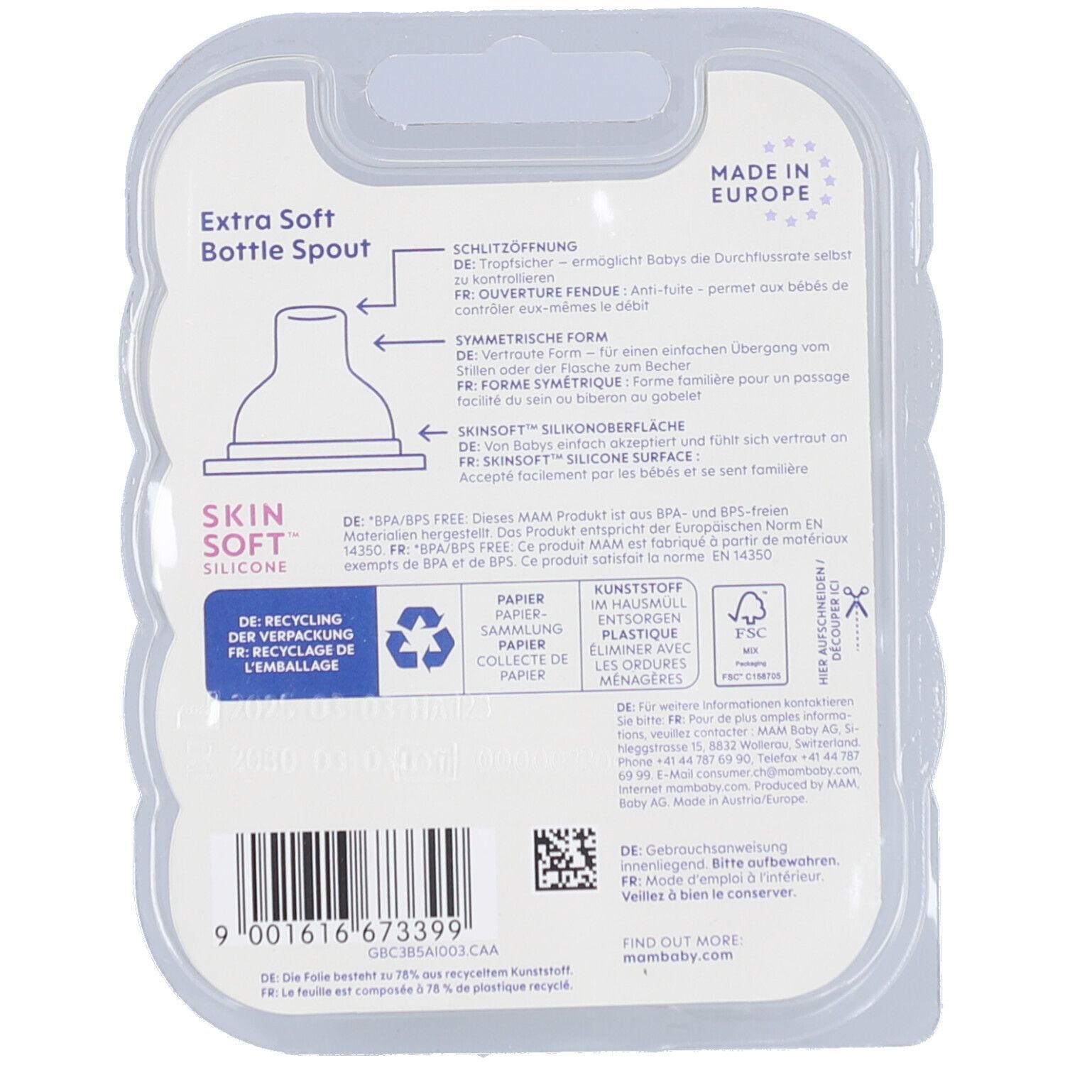 Dos de l'emballage de la tétine MAM. Texte en allemand, français et anglais. Informations sur la composition et le recyclage.