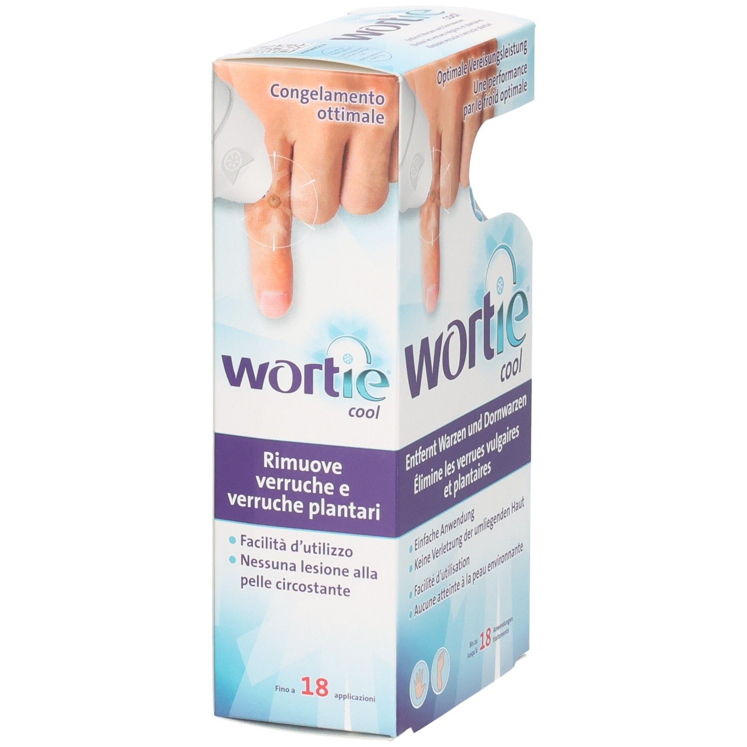 Wortie Cool Verpackung, Seitenansicht. Zeigt Produktname und Anwendungsbereiche für Warzenentfernung.