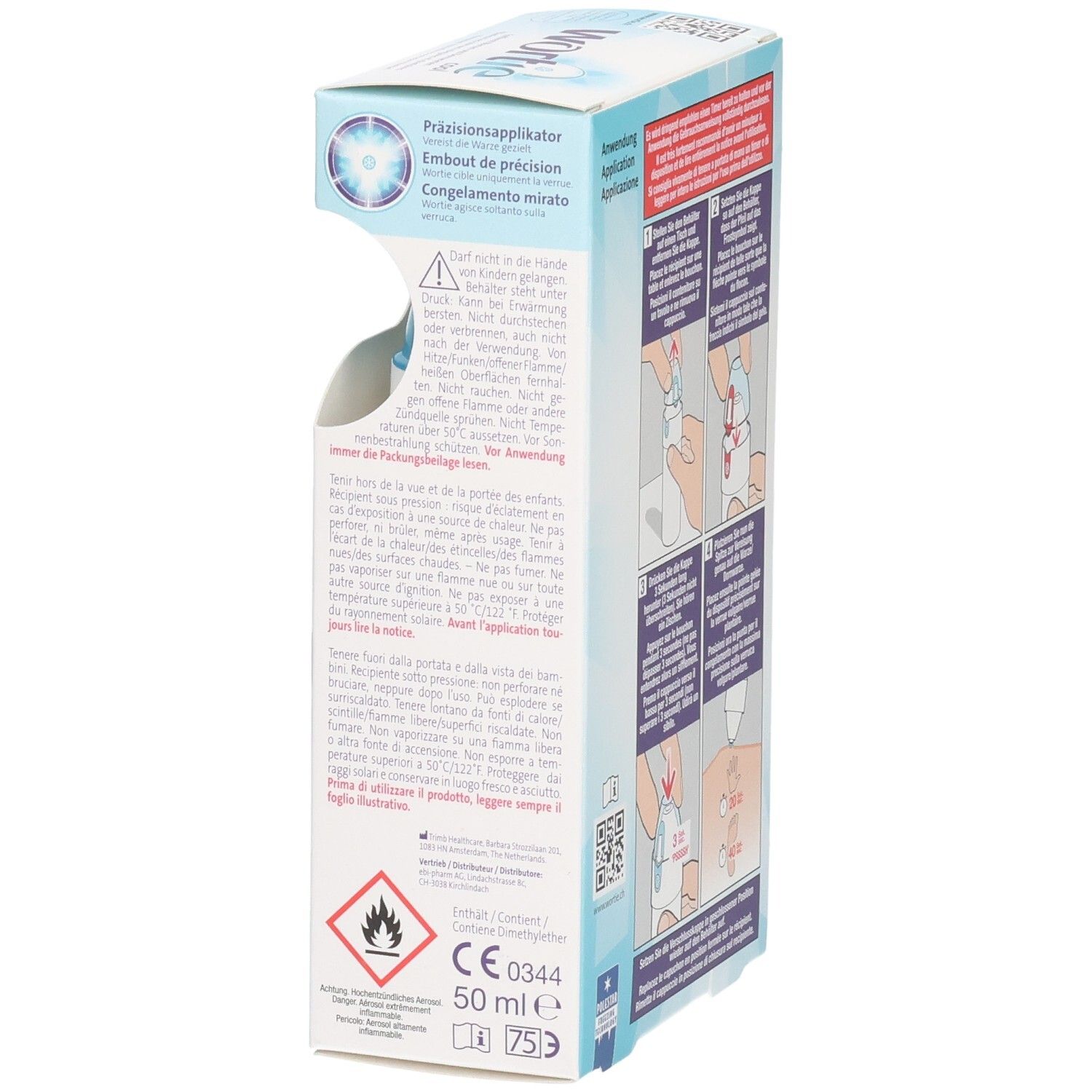 Seitenansicht der Wortie Cool Verpackung. Enthält Warnhinweise, Anwendungshinweise und CE-Kennzeichnung.