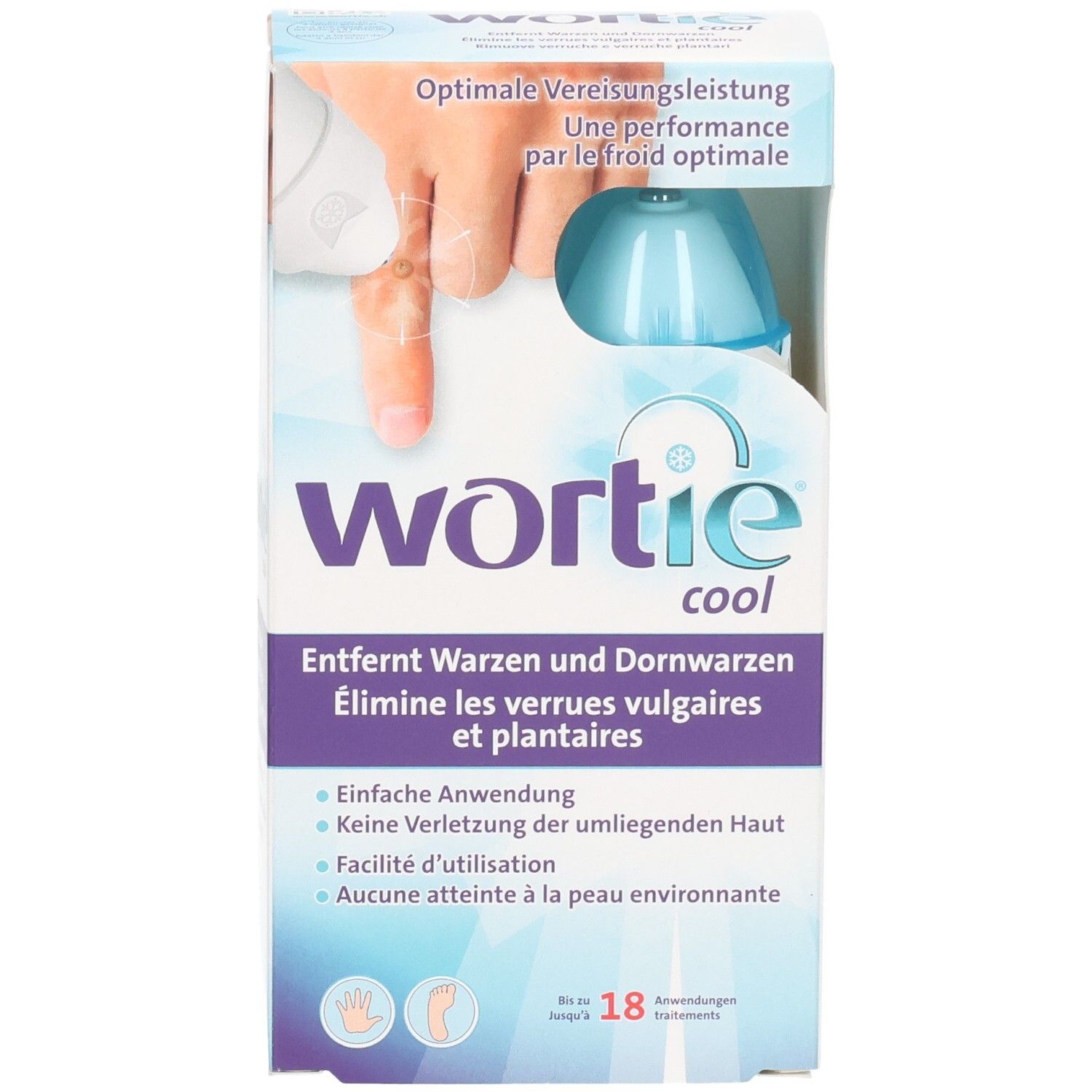 Wortie Cool Verpackung mit Abbildung einer Hand, die auf eine Warze zeigt. Enthält Anwendungsbeschreibung und CE-Kennzeichnung.