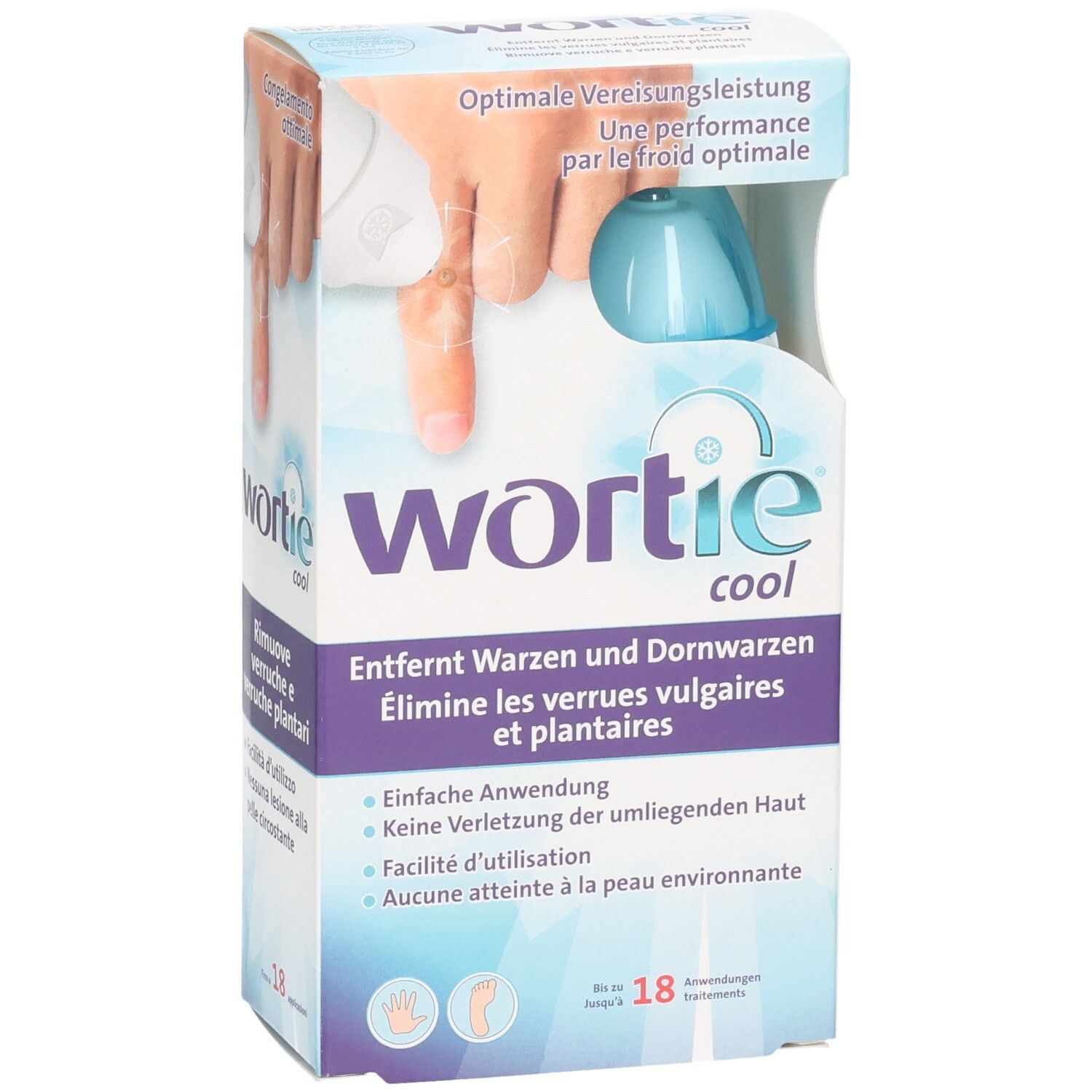 Vorderseite der Wortie Cool Verpackung. Zeigt Produktname, Abbildung einer Hand und Anwendungsbereiche.