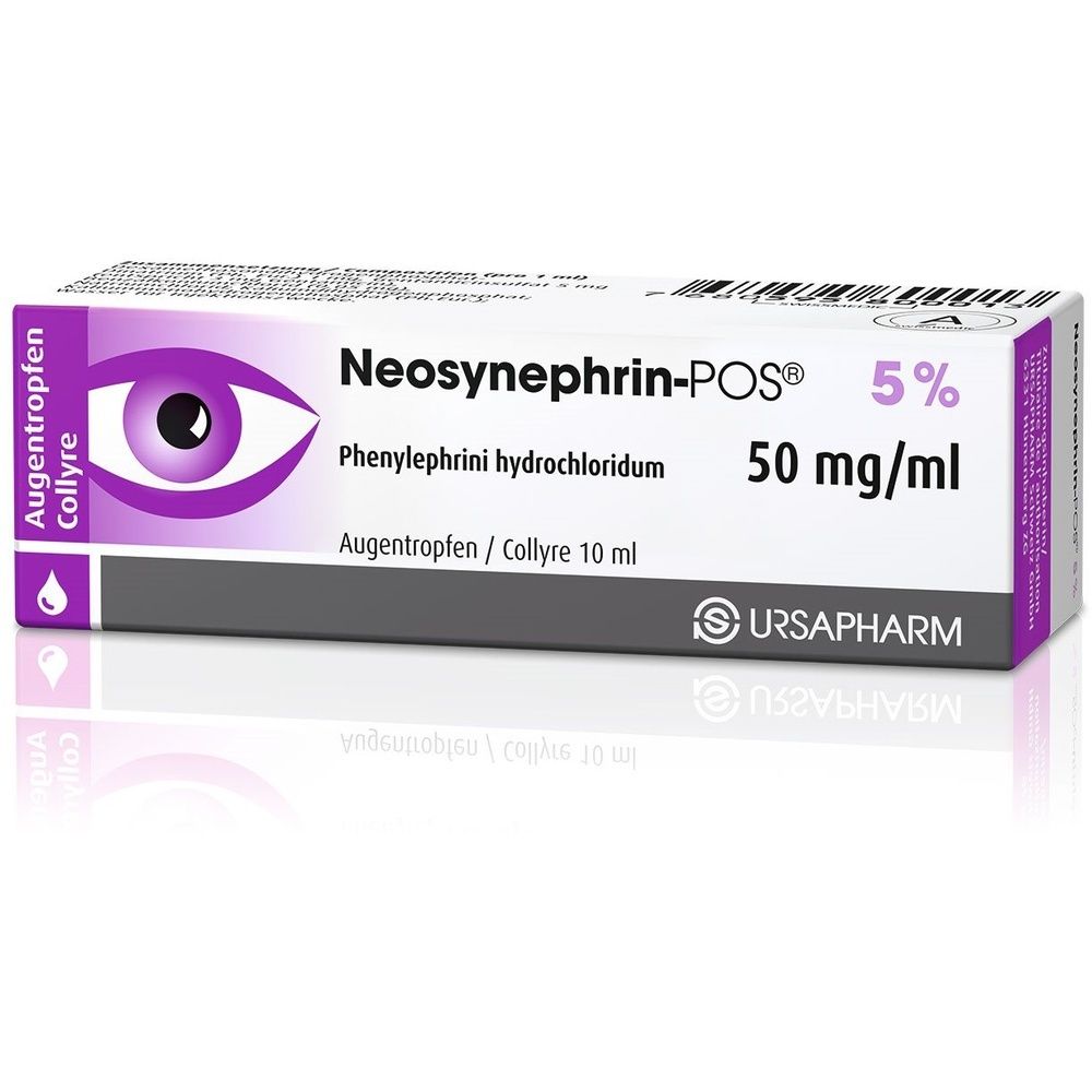 Boîte en carton avec nom du produit et logo. Couleurs violet et blanc. Texte: NEOSYNEPHRIN-POS Gtt Opht 5 %.