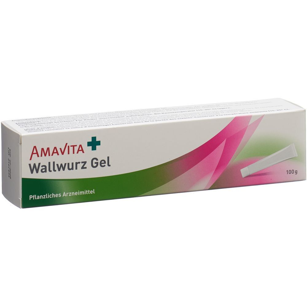Kartonverpackung mit Produktnamen AMAVITA Wallwurz Gel. Grün-rosa Design. Aufschrift: Pflanzliches Arzneimittel. Rechts: Gel-Applikator.