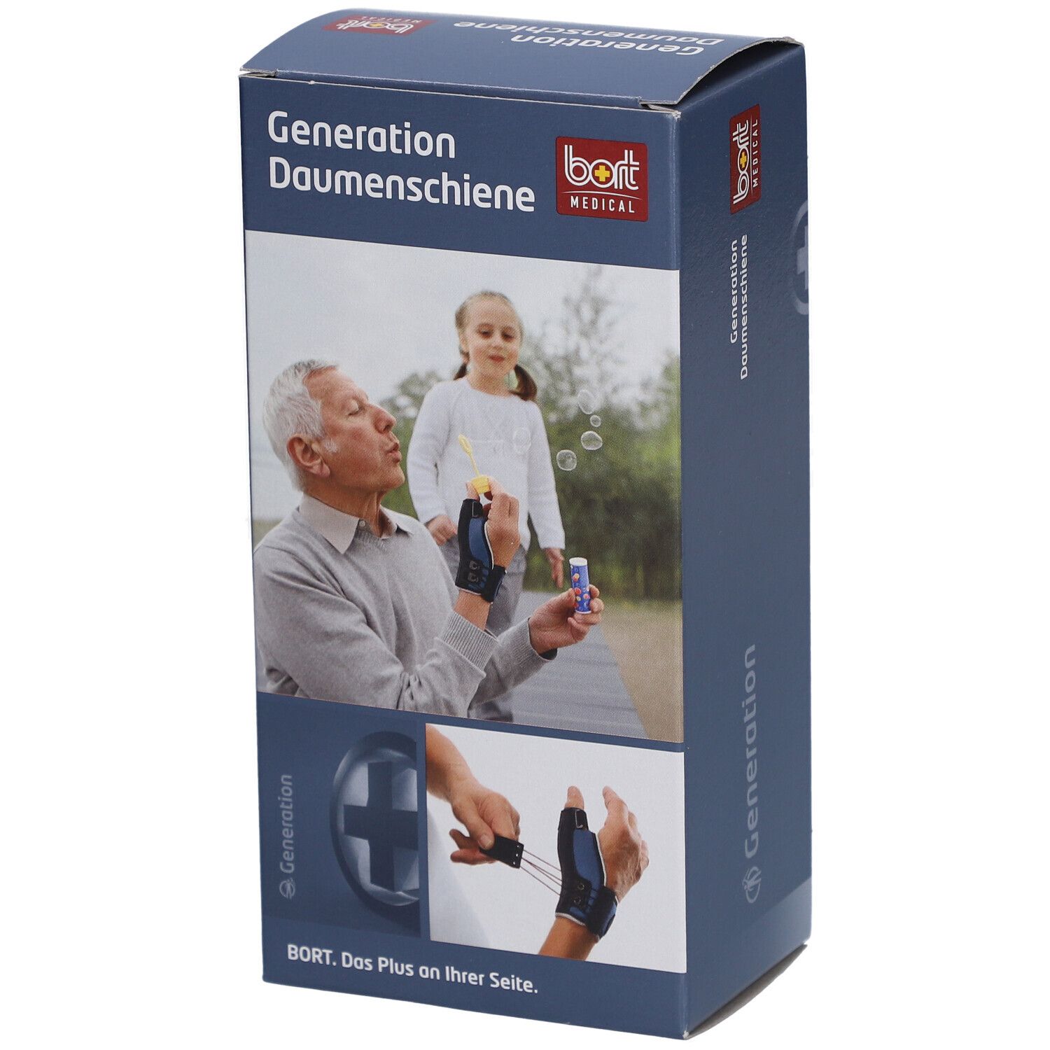 Emballage du produit. Generation Daumenschiene de BORT MEDICAL. Illustration d'un homme et d'un enfant. Image du produit.