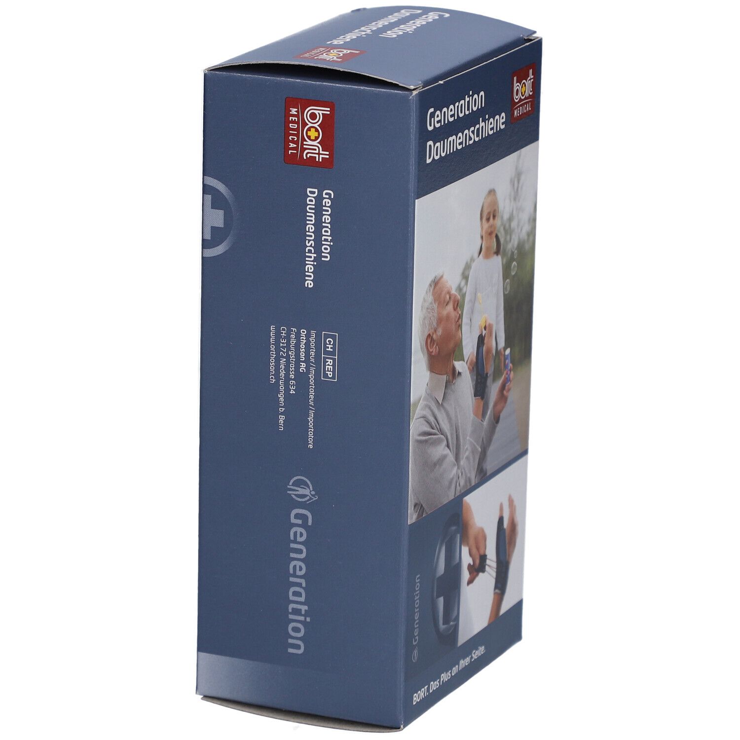 Emballage du produit. Generation Daumenschiene de BORT MEDICAL. Vue latérale avec texte et logo. Fond bleu.