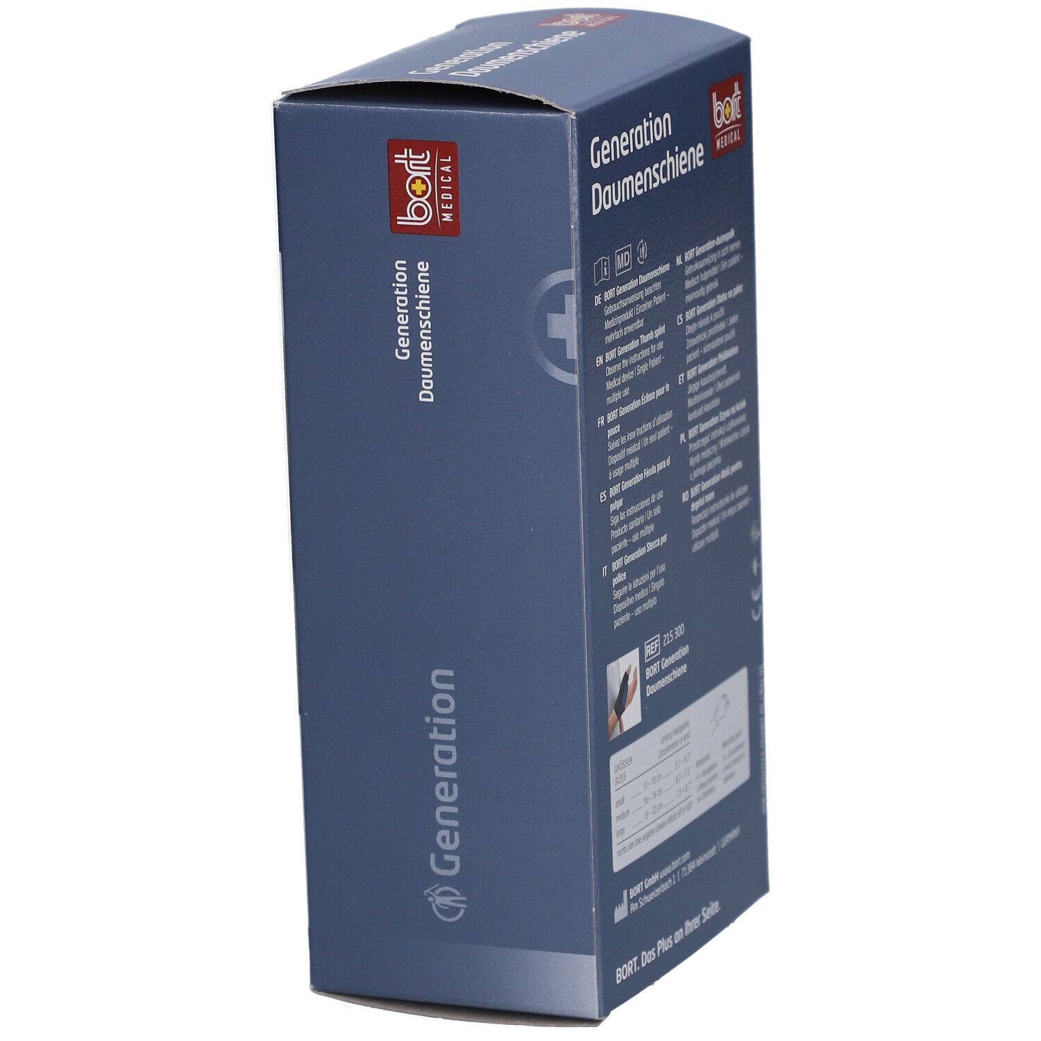 Emballage du produit. Generation Daumenschiene de BORT MEDICAL. Vue latérale avec texte et logo. Fond bleu.