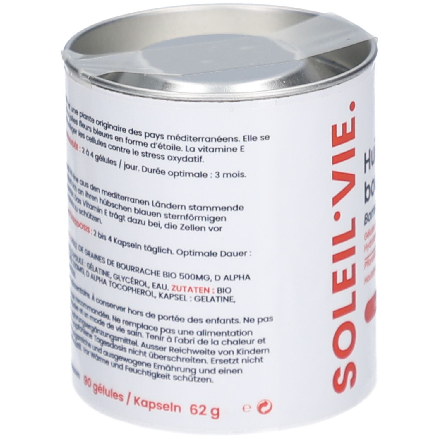 Dos de la boîte SOLEIL VIE. Texte en allemand et français. Informations sur les ingrédients et l'utilisation.