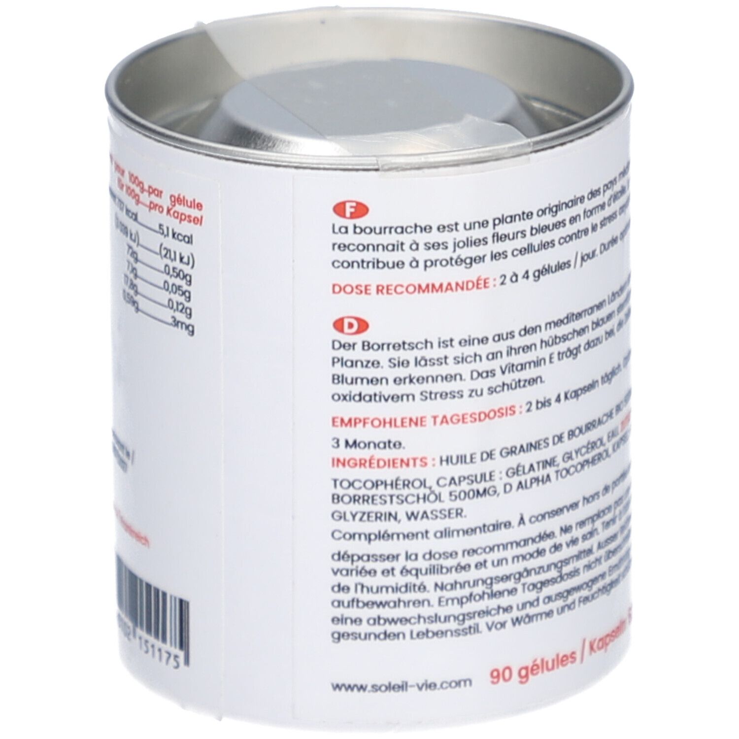 Boîte SOLEIL VIE. Texte en allemand et français. Informations sur les ingrédients et le dosage.