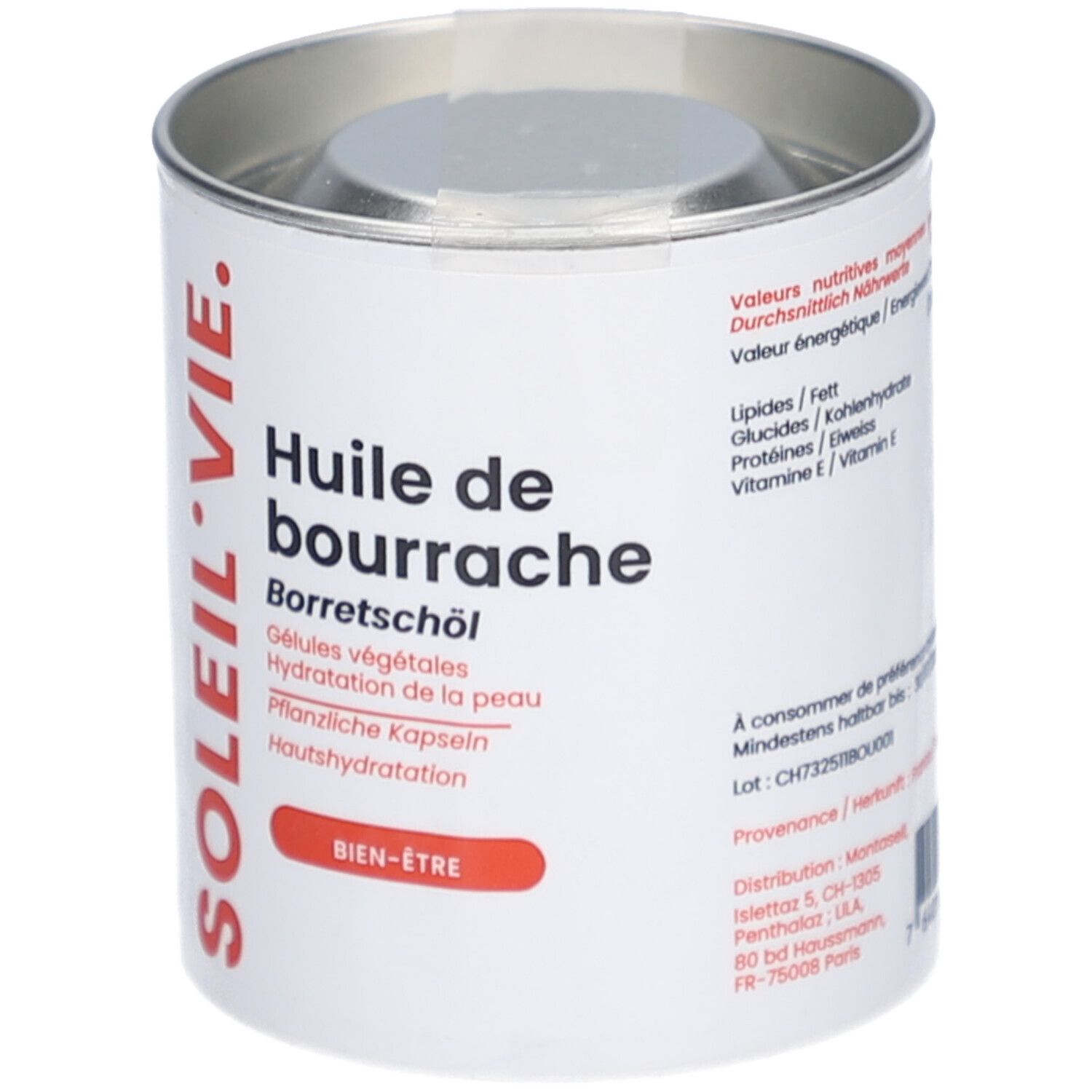 Boîte ronde SOLEIL VIE. Contient des gélules d'huile de bourrache. Inscription: Huile de bourrache, Bien-Être.