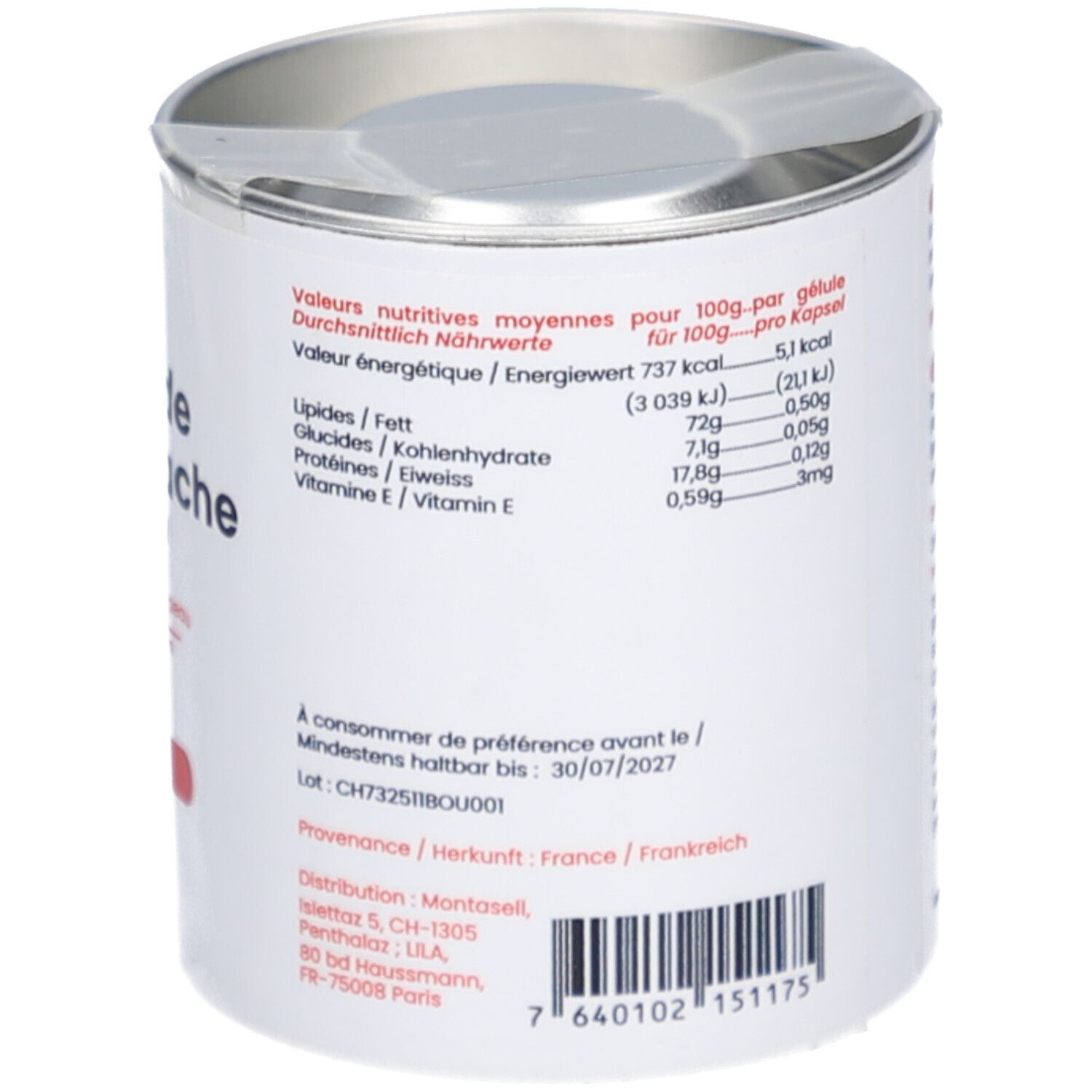 Dos de la boîte SOLEIL VIE. Contient des informations nutritionnelles et la date de péremption.