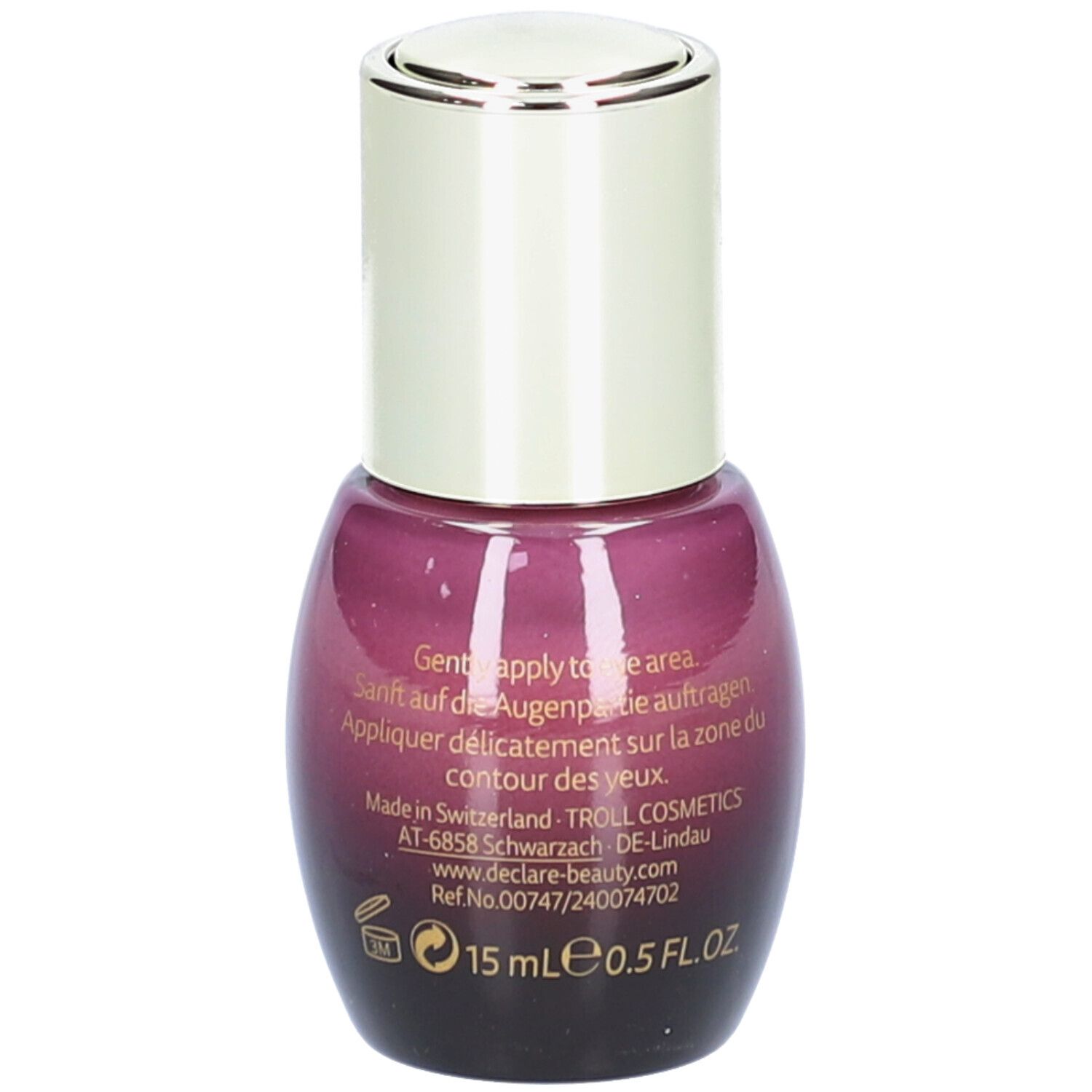 Flacon violet avec bouchon doré. Inscription : DECLARÉ, EYE CONTOUR, Essential Eye Lifting Serum.