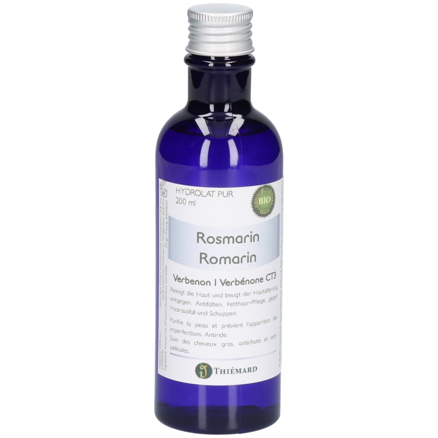 Blaue Glasflasche mit Rosmarin Hydrolat, 200 ml. Bio-Siegel und Thiemard Logo sichtbar.