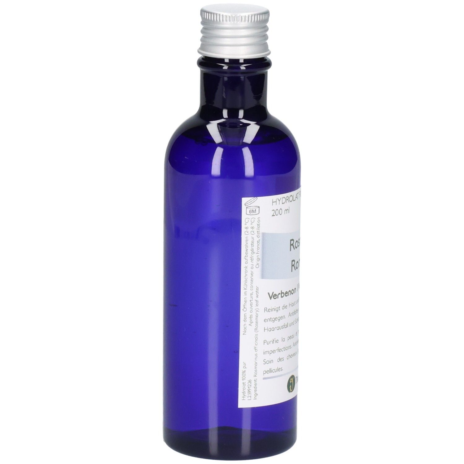 Blaue Glasflasche mit silbernem Schraubverschluss, 200 ml Hydrolat.