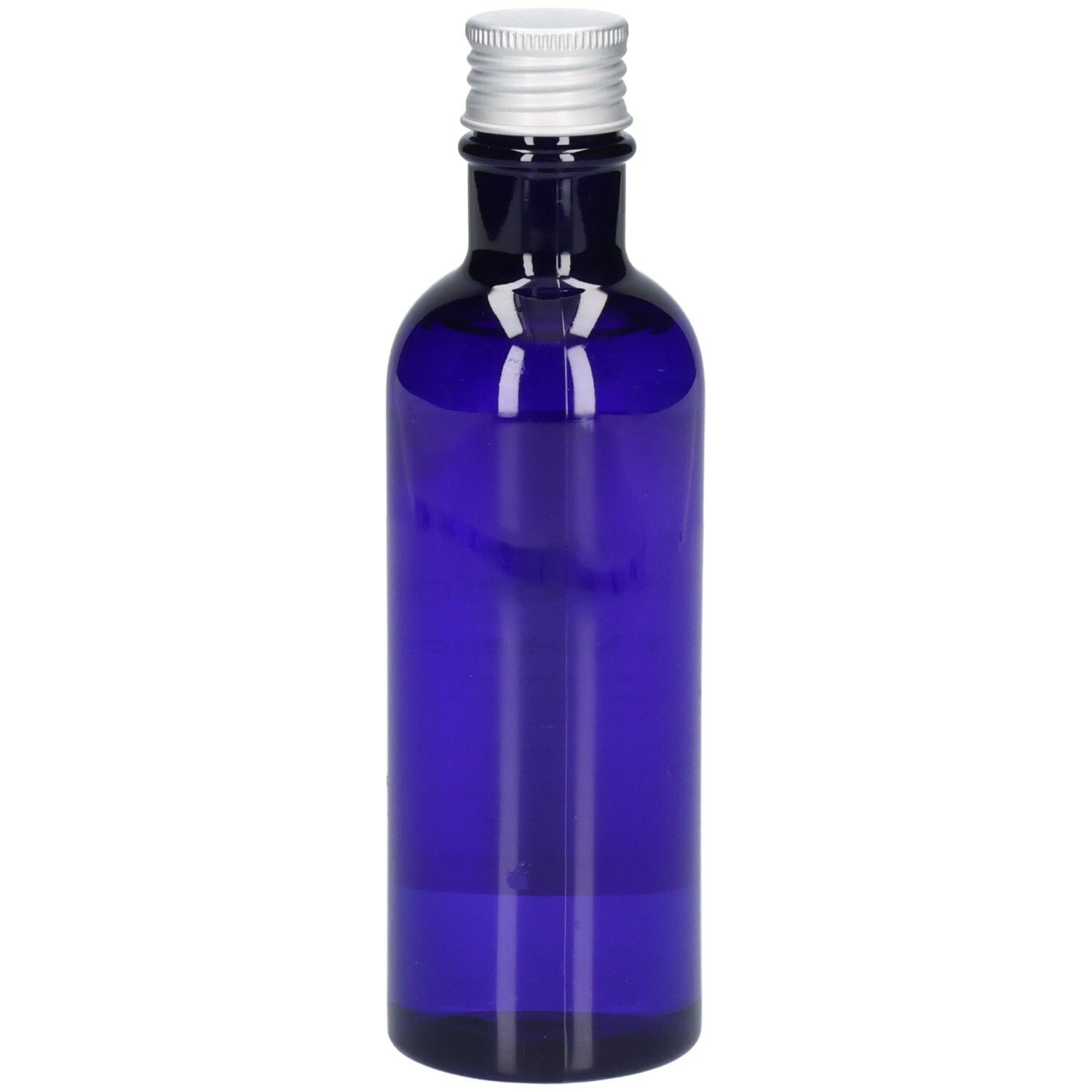 Dunkelblaue Glasflasche mit silbernem Schraubverschluss, gefüllt mit klarer Flüssigkeit.