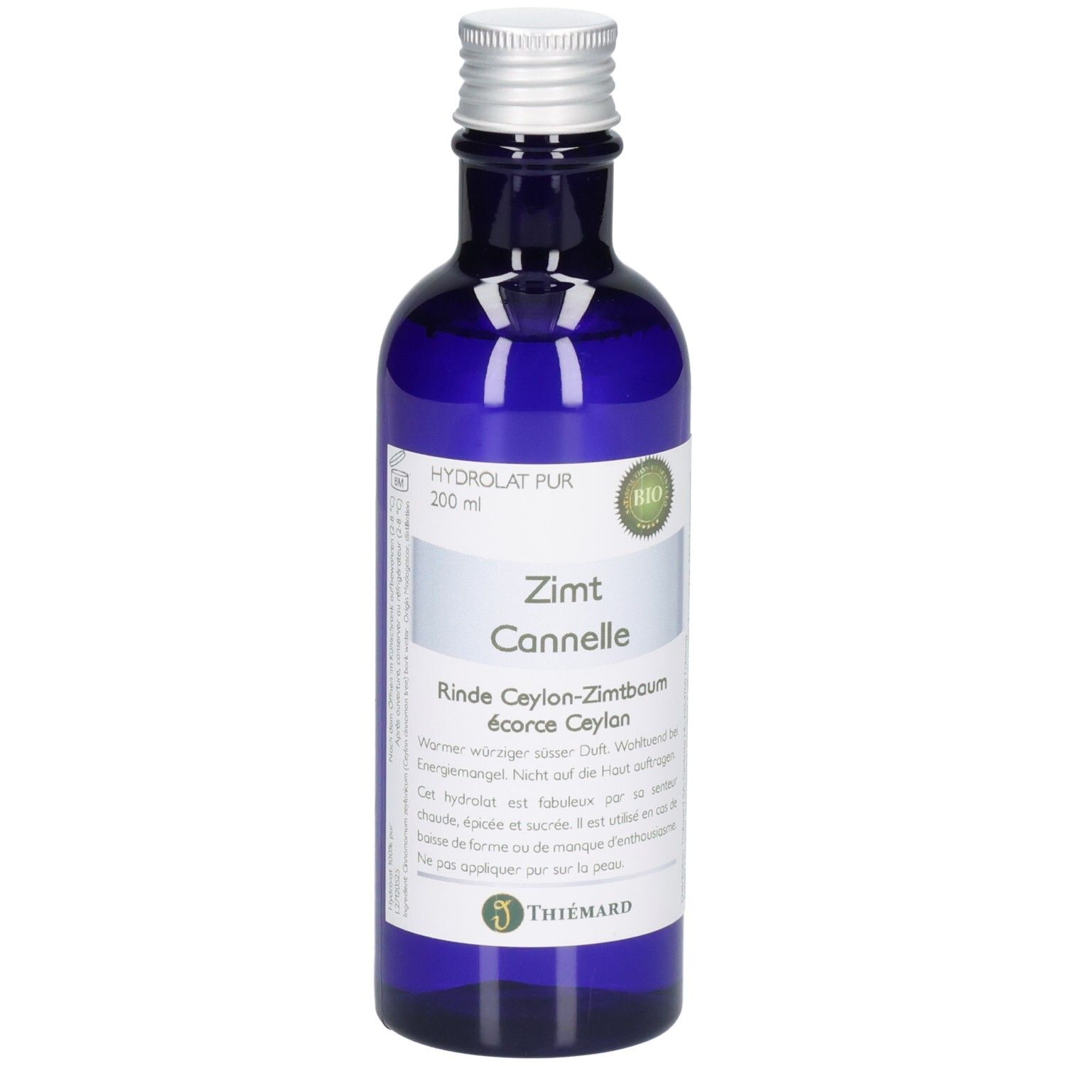 Blaue Glasflasche mit silbernem Verschluss, 200 ml Hydrolat Pur Zimt Cannelle, Bio-Siegel, Marke Thiémard.