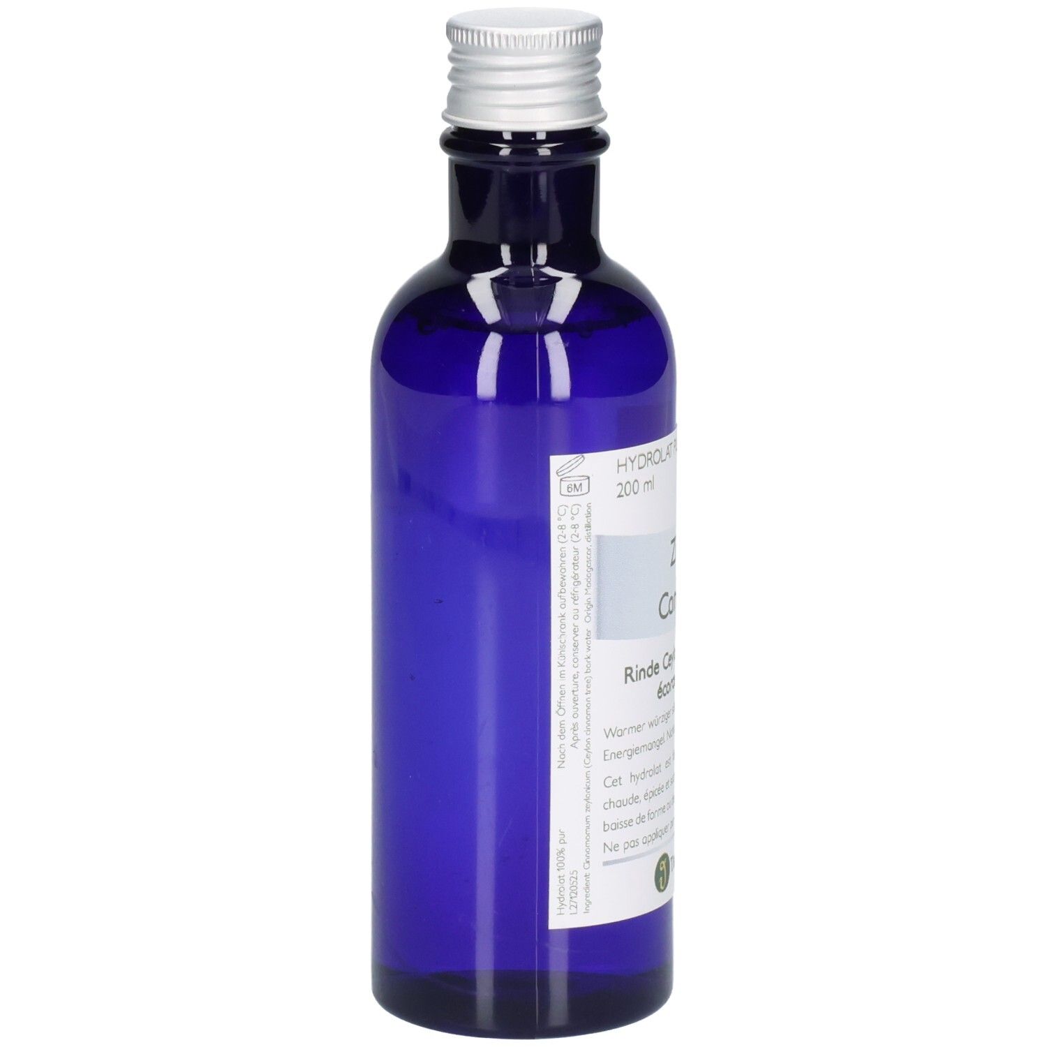 Blaue Glasflasche mit silbernem Schraubverschluss, gefüllt mit klarer Flüssigkeit. Etikett mit Produktinformationen und 200 ml Angabe.