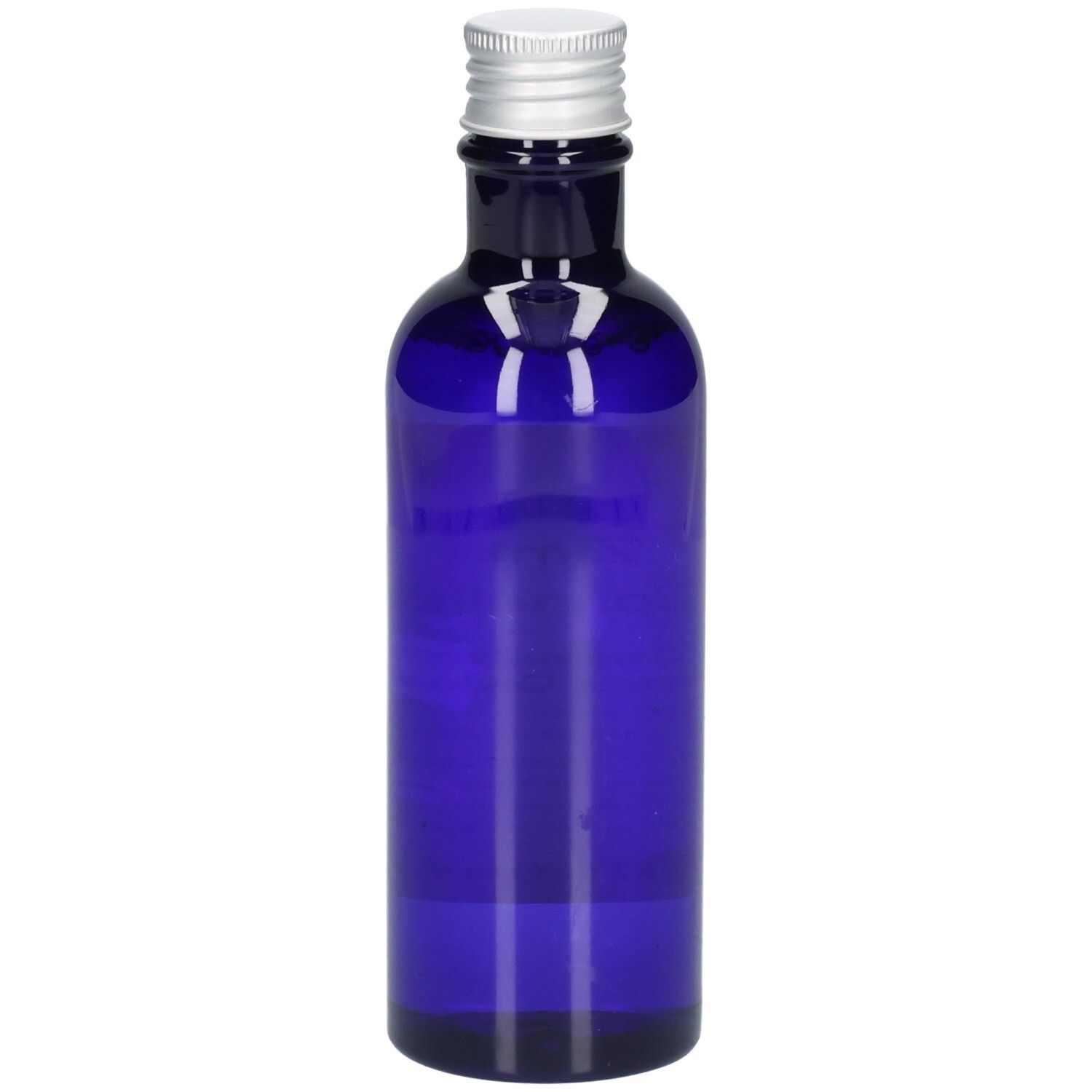 Dunkelblaue Glasflasche mit silbernem Schraubverschluss.