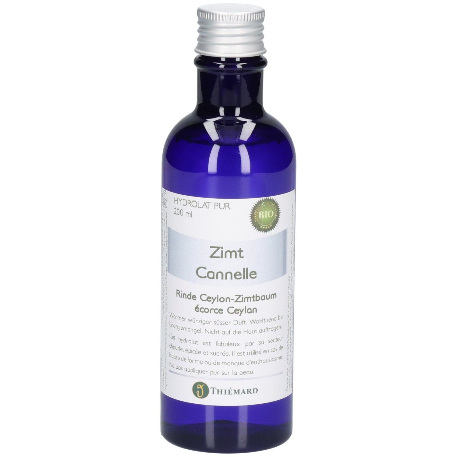 Blaue Glasflasche mit Zimt hydrolat, 200 ml. Mit Bio-Siegel und Thiemann Logo.