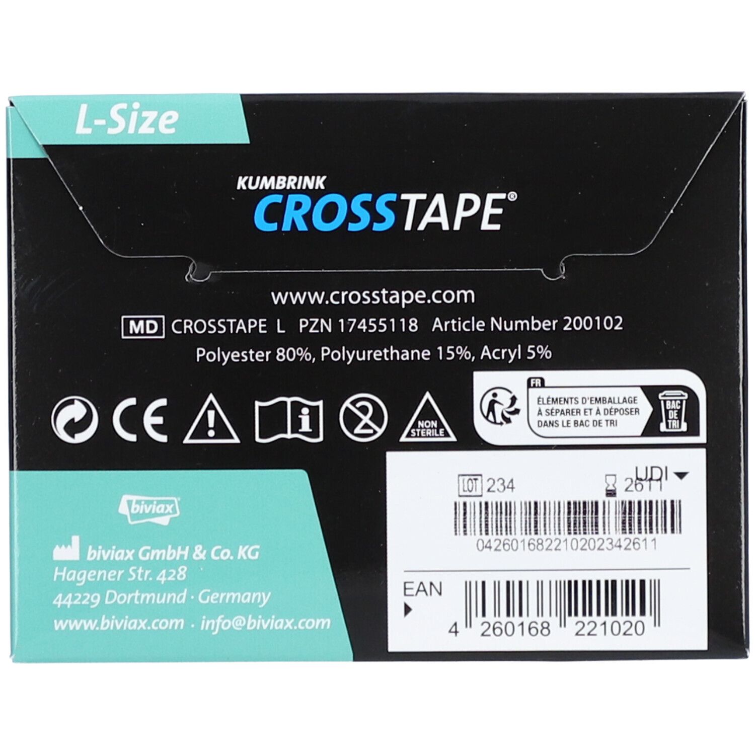 Rückseite der CROSSTAPE-Verpackung. Enthält Informationen wie Hersteller, Inhaltsstoffe und Chargennummer. L-Size.