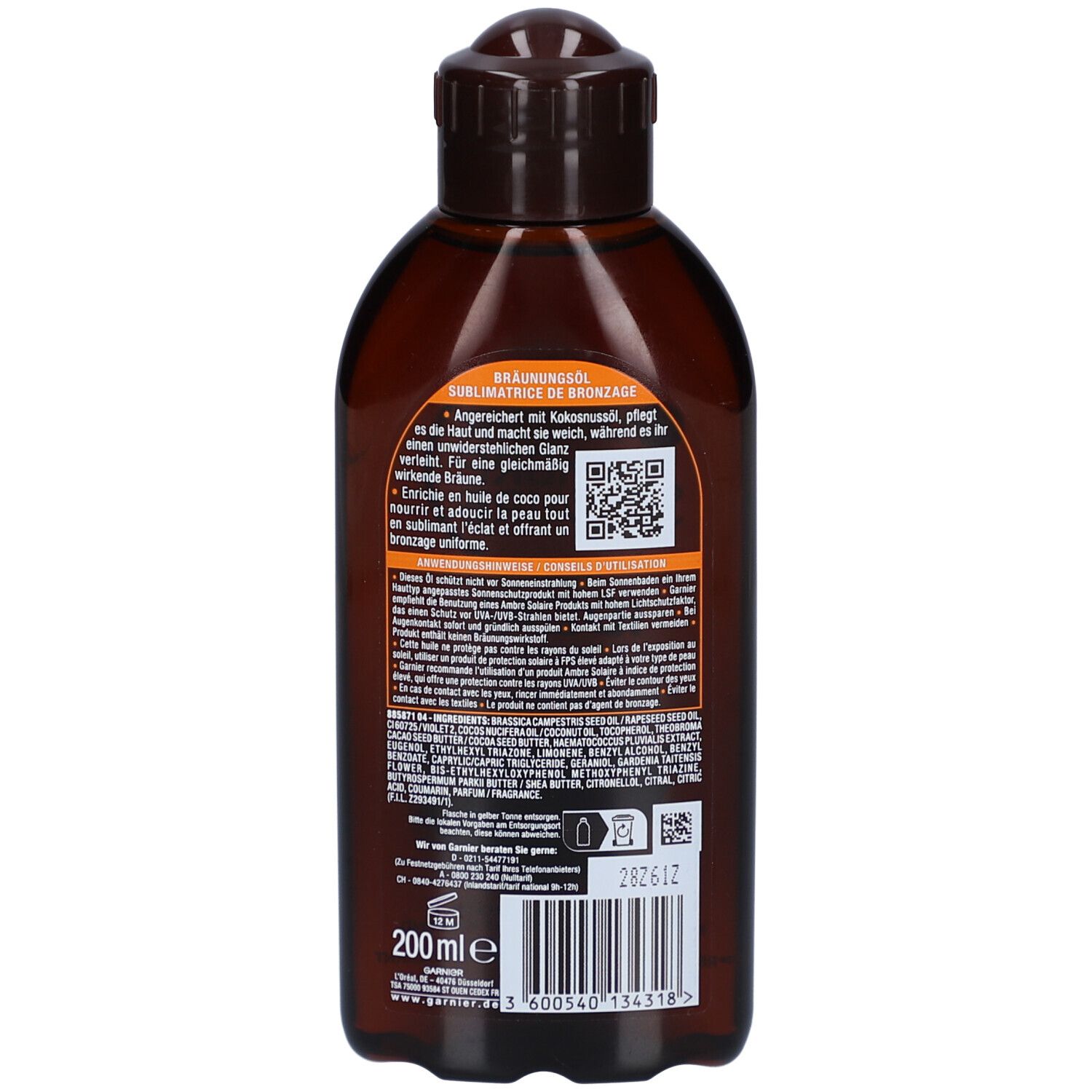 Rückseite der Ölflasche. Text und QR-Code. Enthält Kokosnussöl. 200 ml. EAN-Code und Chargennummer.